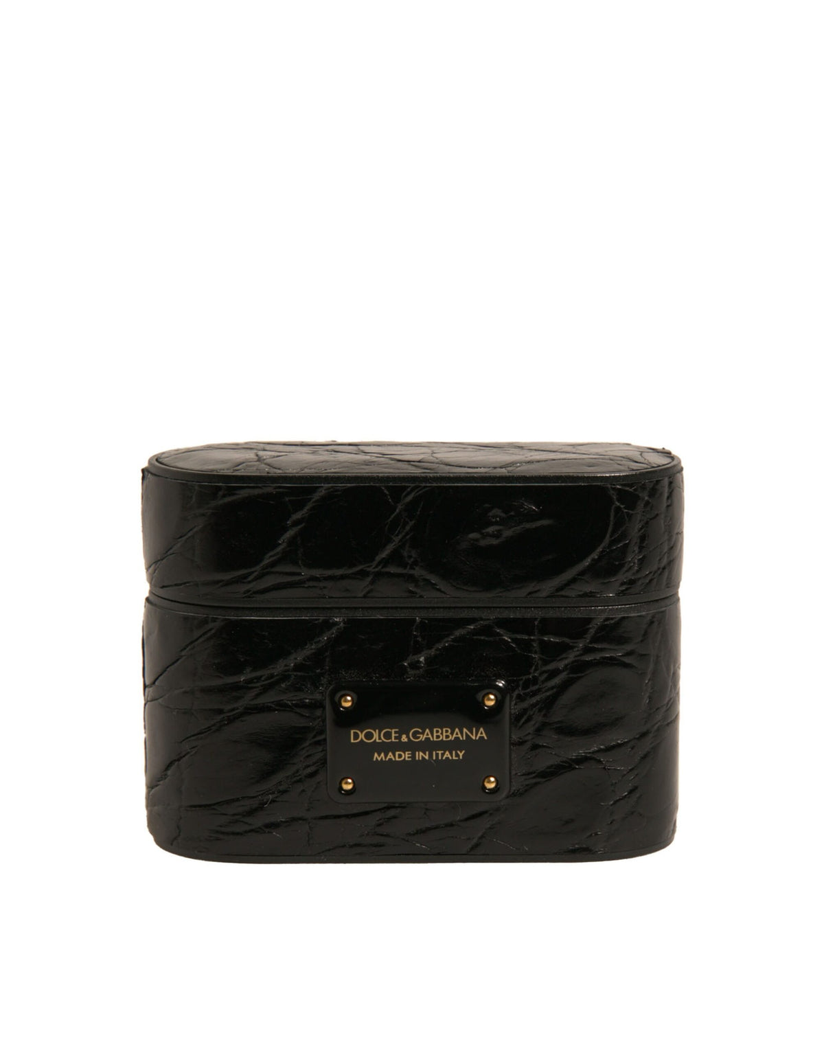 Elevate your style with the Dolce & Gabbana Black Leather Airpods Case, crafted from 100% caiman leather, a timeless accessory that embodies luxury and sophistication.