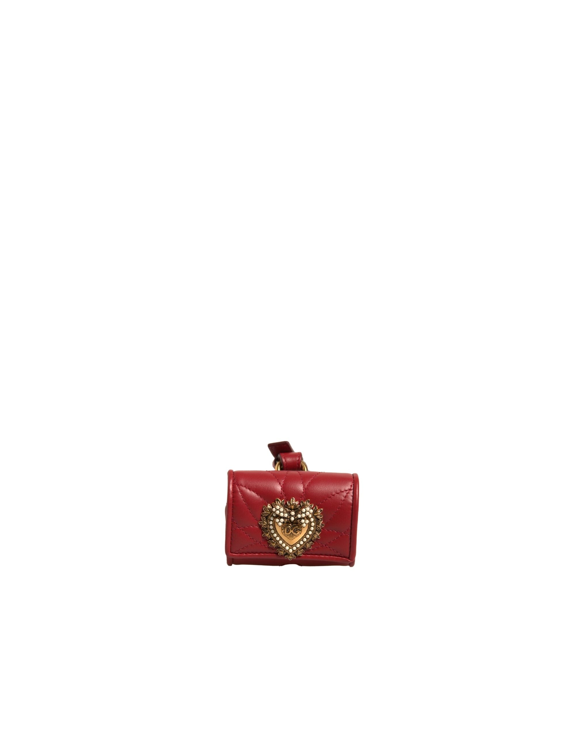 Elevate your style with the Dolce & Gabbana Black Leather Devotion Heart Strap Airpod Case, a luxurious blend of exquisite lamb leather and gold detailing, embodying sophistication and allure.