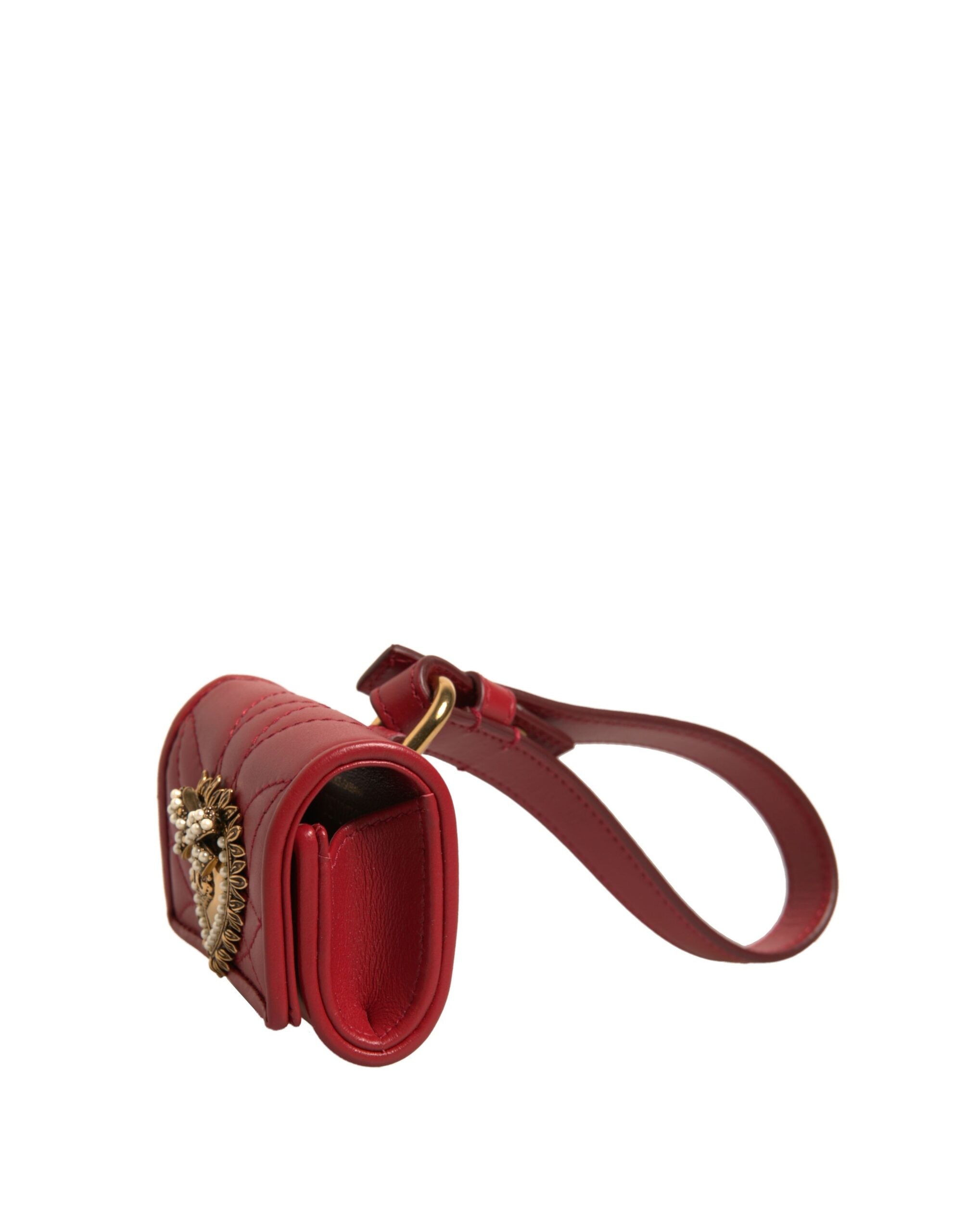 Elevate your style with the Dolce & Gabbana Black Leather Devotion Heart Strap Airpod Case, crafted from sumptuous lamb leather, embodying elegance and sophistication.