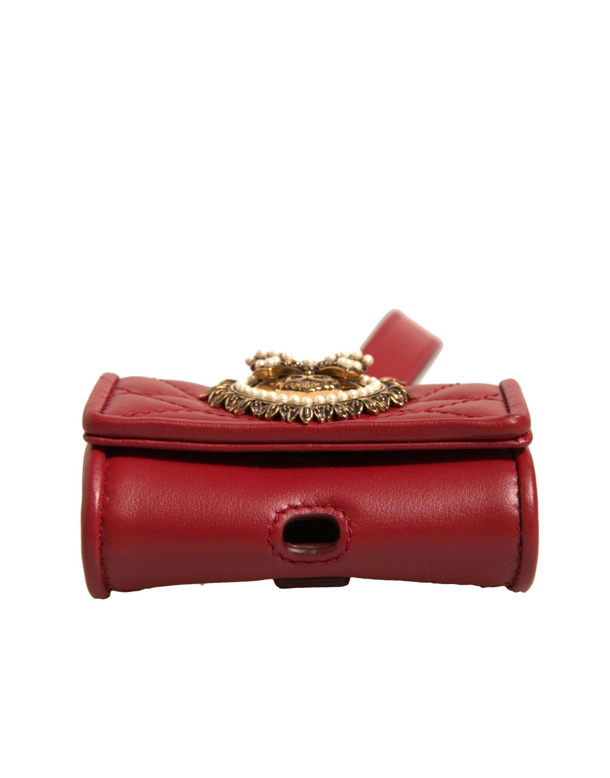 Elevate your style with the Dolce & Gabbana Black Leather Devotion Heart Strap Airpod Case, a luxurious blend of sumptuous lamb leather and exquisite craftsmanship, perfect for the discerning individual.