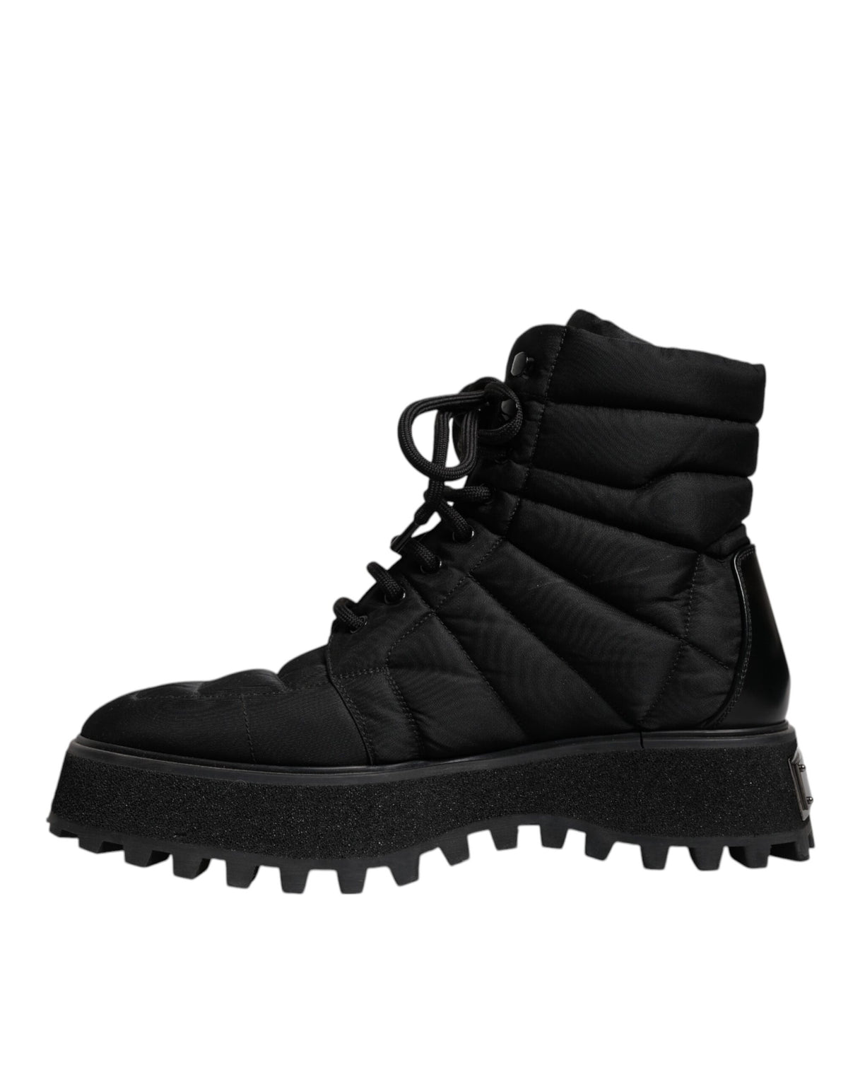 Experience the epitome of luxury with Dolce & Gabbana Black Padded Mid Calf Lace Up Boots, crafted from premium materials for timeless elegance and sophistication.