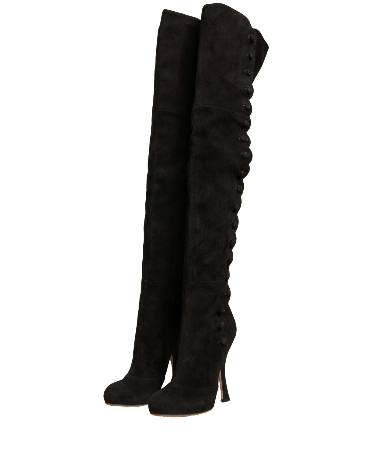 Elevate your style with Dolce & Gabbana Black Suede Heels Knee High Boots, where exquisite craftsmanship meets timeless elegance for the discerning individual.