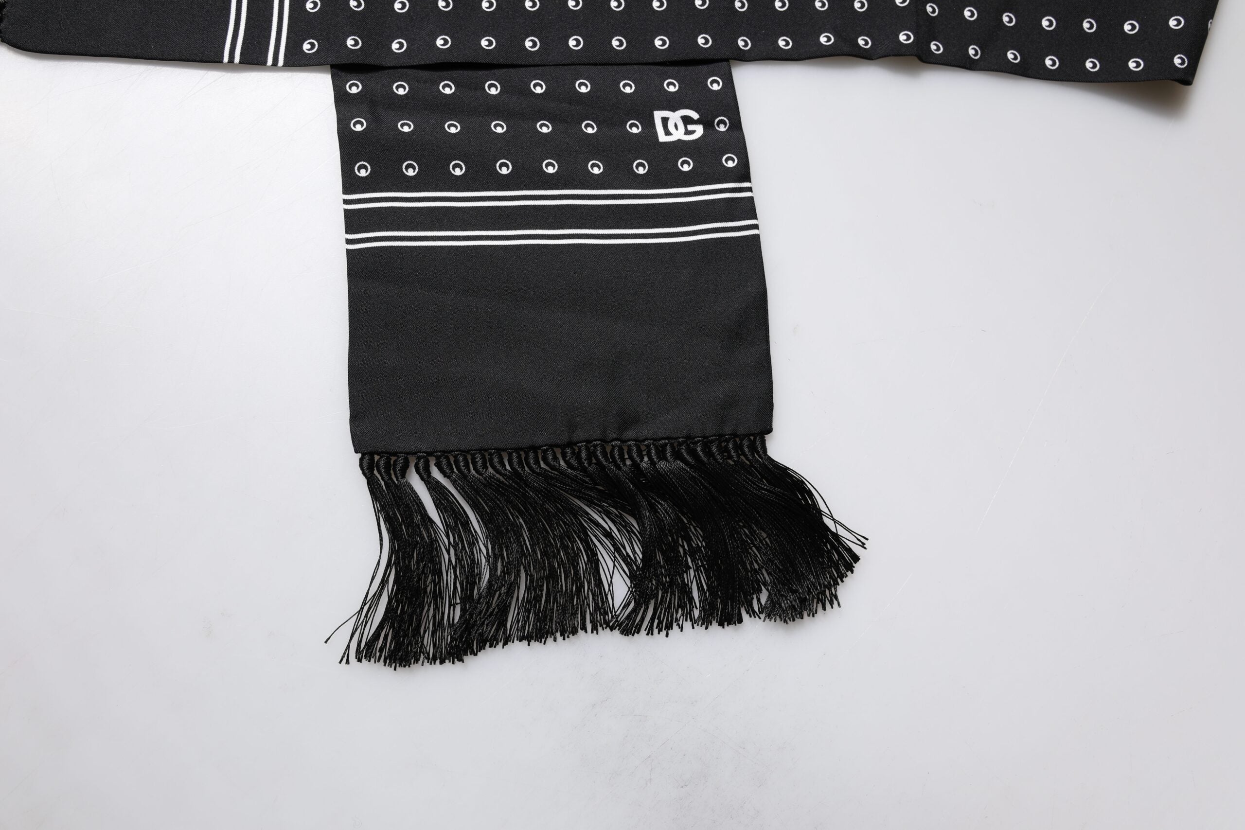 Dolce & Gabbana Black White Polka Dotted Silk Skinny Fringes Scarf