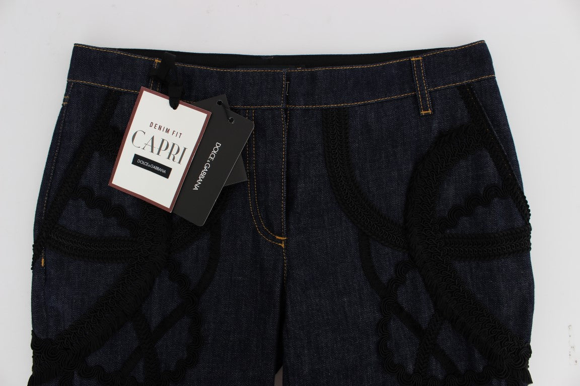Elevate your style with Dolce & Gabbana's Blue Denim Cotton CAPRI Torero Jeans, where exquisite Italian craftsmanship meets timeless elegance, perfect for any occasion.
