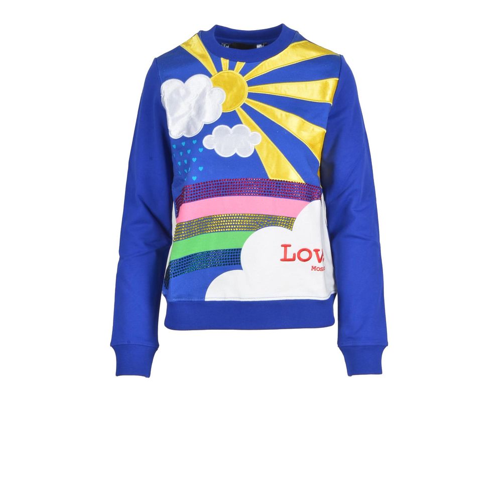 Indulge in the Love Moschino Blue Cotton Sweatshirt, a luxurious blend of high-quality cotton, meticulously crafted for a sophisticated yet empowering statement in any wardrobe.