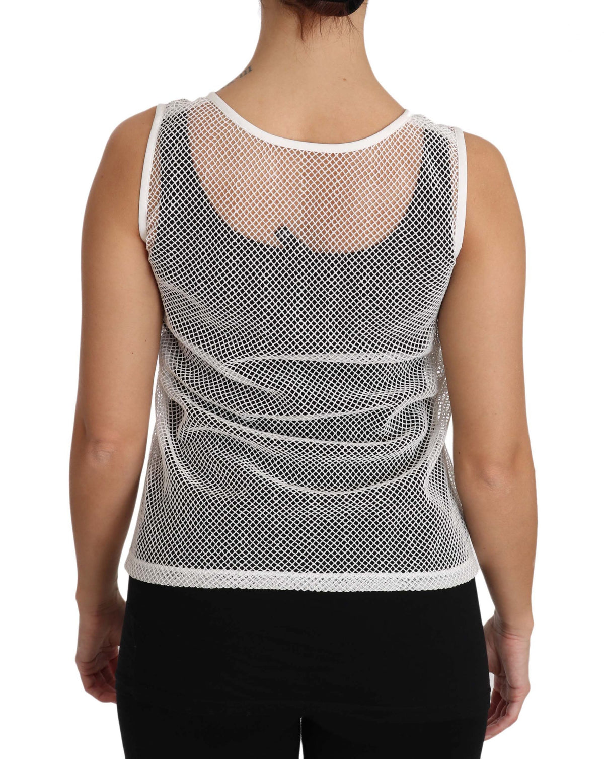 Elevate your wardrobe with the Dolce & Gabbana White Net Transparent Sleeveless Tank Top, a luxurious blend of cotton and silk that embodies timeless elegance and versatility.