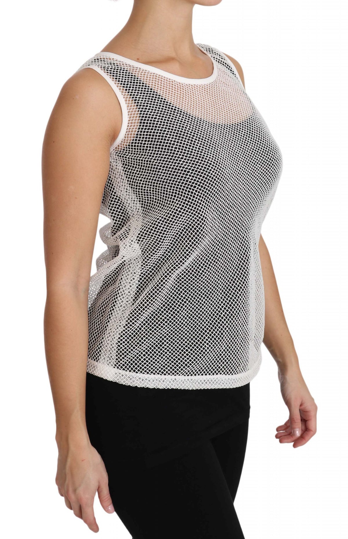 Elevate your style with the Dolce & Gabbana White Net Transparent Sleeveless Tank Top, a luxurious blend of cotton and silk that embodies timeless sophistication and effortless elegance.