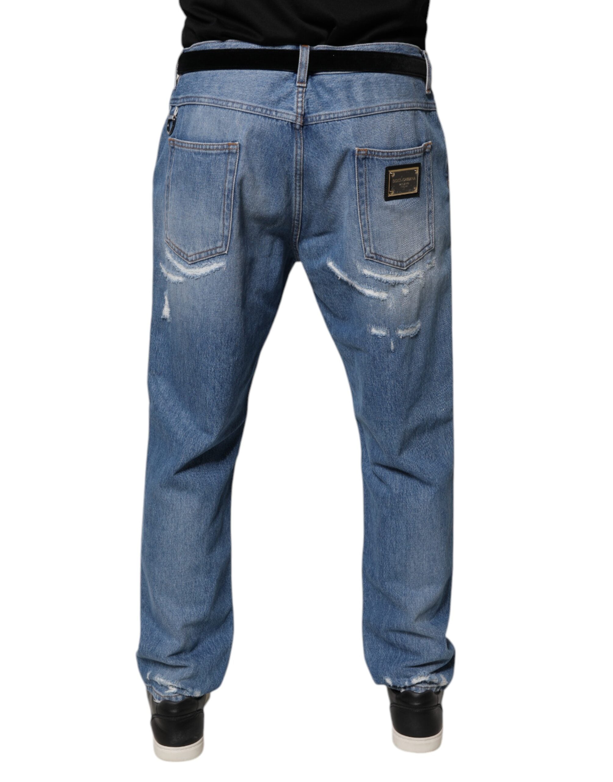 Dolce & Gabbana Blue Tattered Straight Cotton Denim Jeans