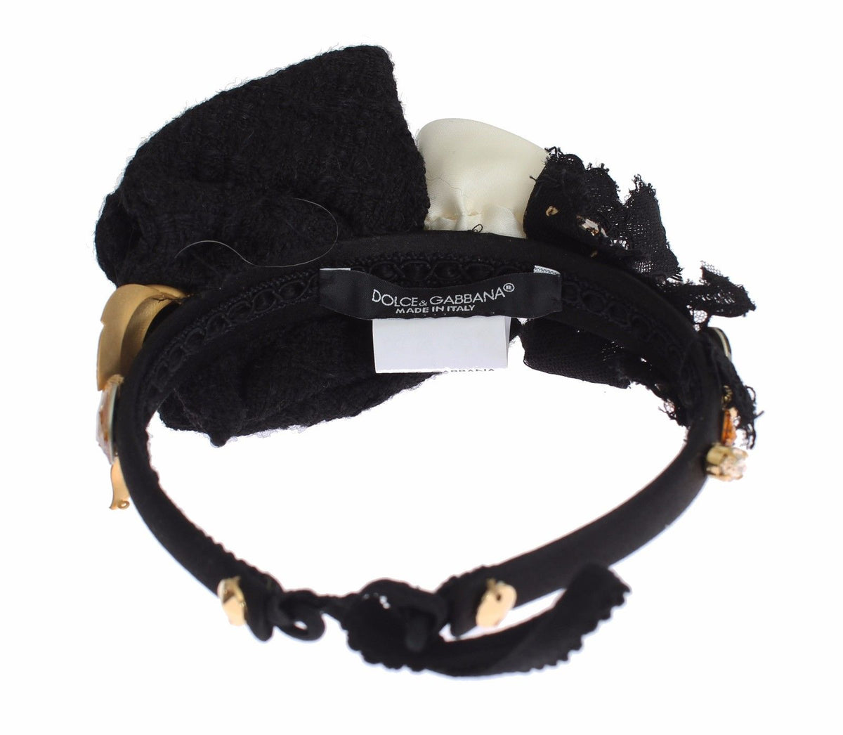 Elevate your elegance with the Dolce & Gabbana Diadem Headband Tiara, a masterpiece of silk and wool, adorned with champagne crystals and gold detailing, perfect for any opulent occasion.