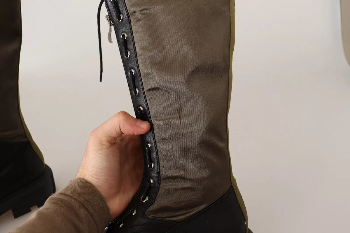 Step into elegance with Gaelle Black Green High Combat Boots, where artisanal craftsmanship meets luxurious leather and canvas, embodying timeless sophistication.