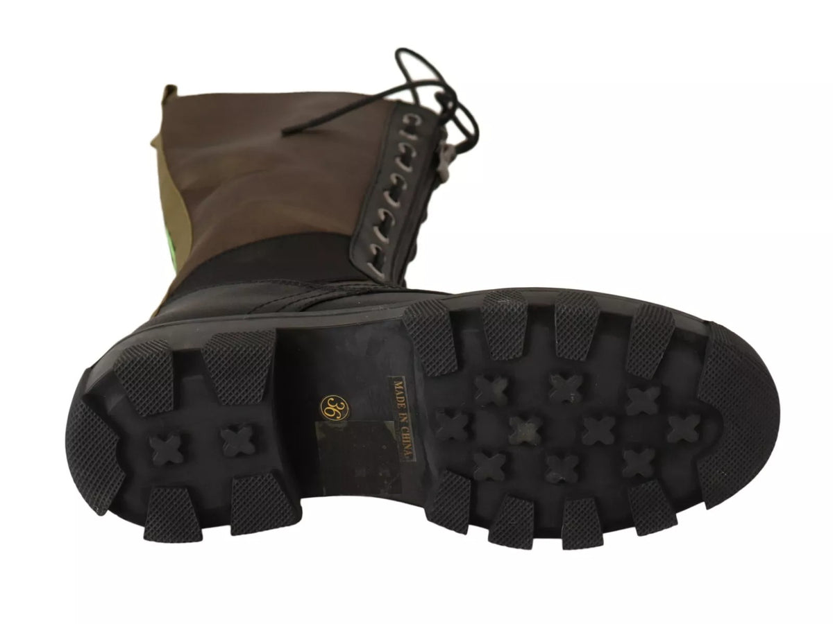 Discover the Gaelle Black Green High Combat Boots, where artisanal luxury meets bold design in premium leather and canvas, perfect for the discerning individual.