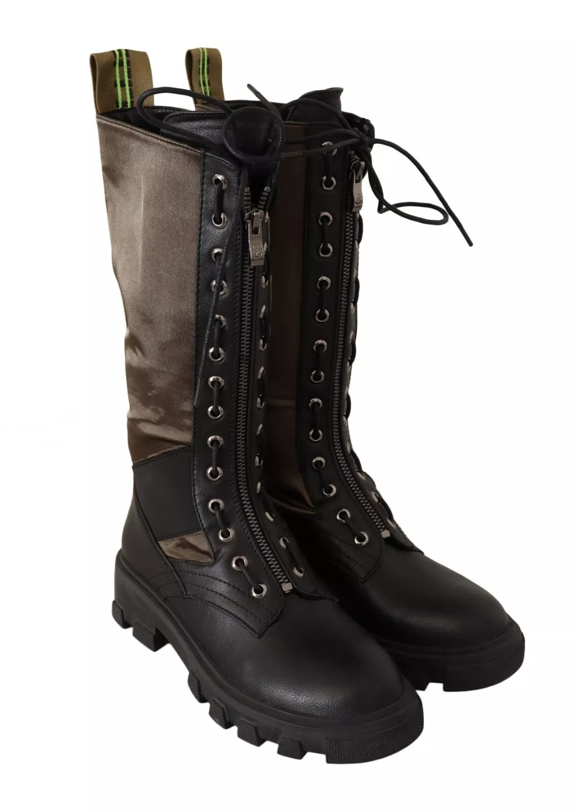 Step into elegance with Gaelle Black Green High Combat Boots, where artisanal leather and canvas unite, embodying sophistication and strength for every occasion.