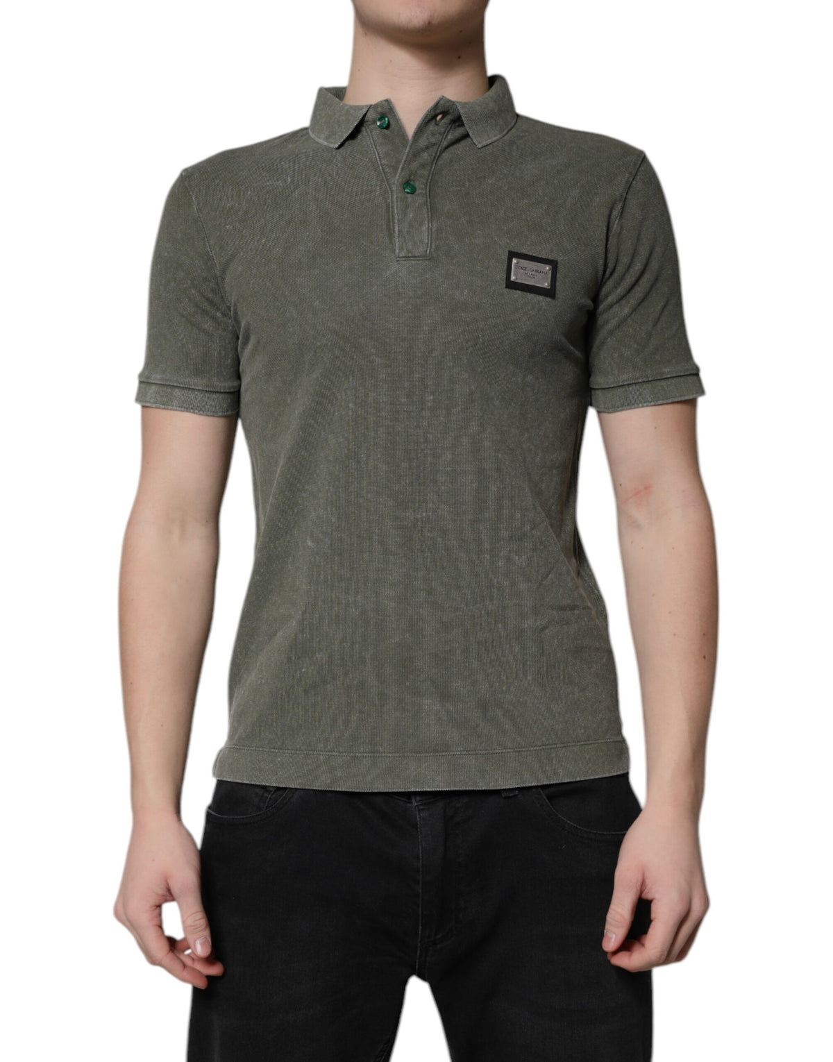 Elevate your wardrobe with the Dolce & Gabbana Army Green Logo Plaque Cotton Polo Shirt, a masterpiece of Italian craftsmanship that embodies luxury and effortless sophistication.