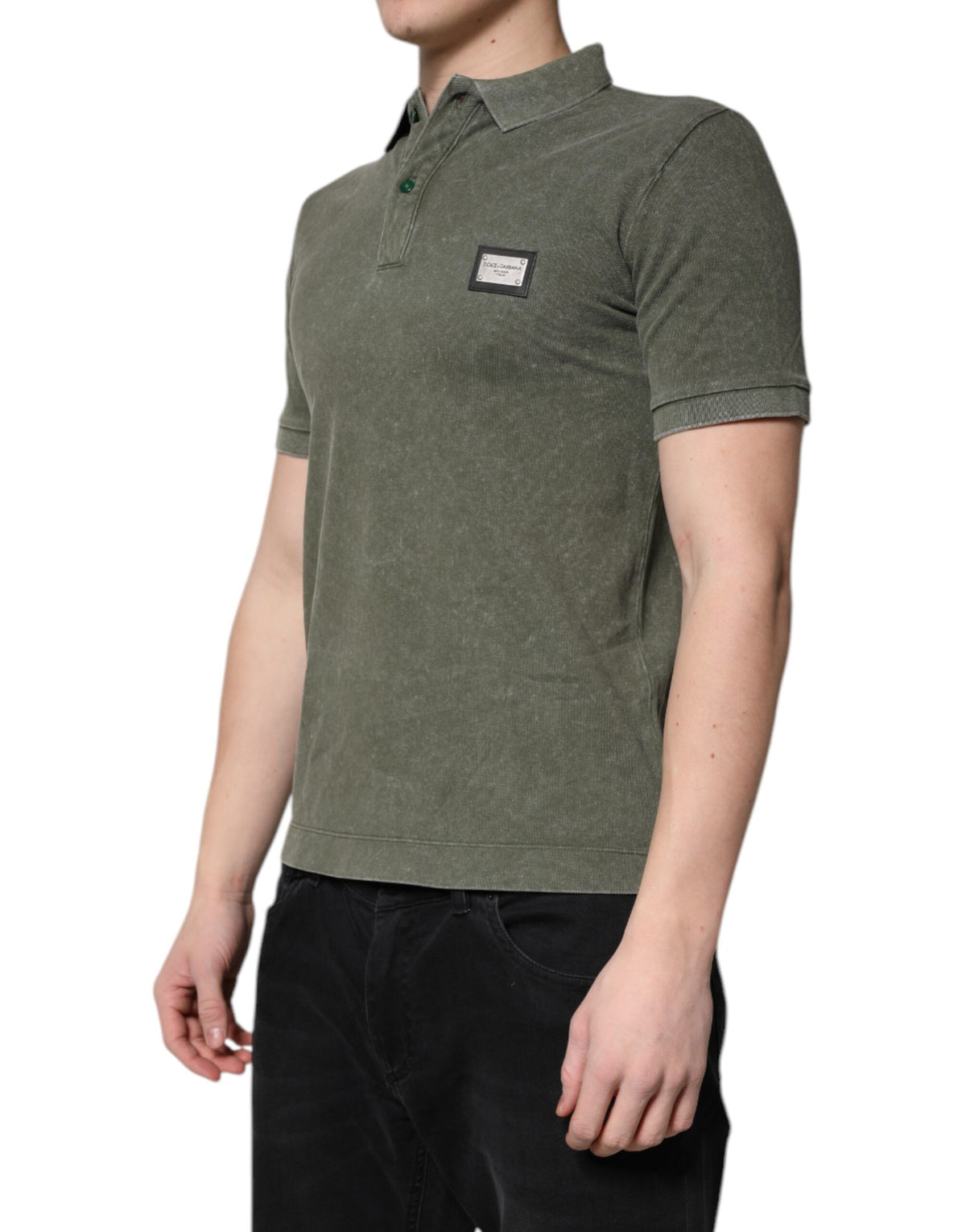 Elevate your wardrobe with the Dolce & Gabbana Army Green Logo Plaque Cotton Polo Shirt, a testament to Italian craftsmanship and luxurious comfort, perfect for any sophisticated occasion.