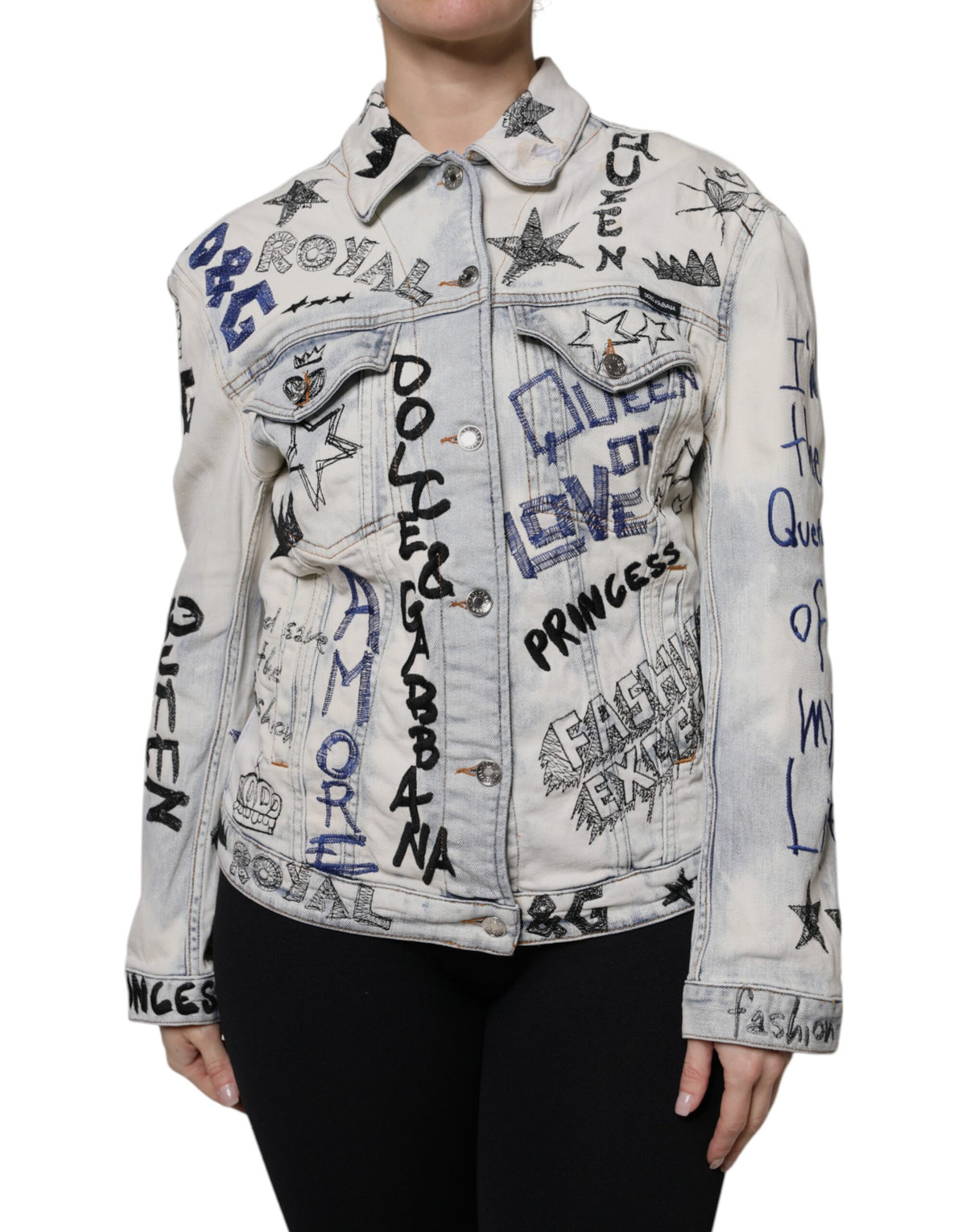 Elevate your style with the Dolce & Gabbana Light Blue Graffiti Button Down Denim Jacket, a luxurious blend of cotton and elastane, embodying artistry and sophistication for the modern muse.