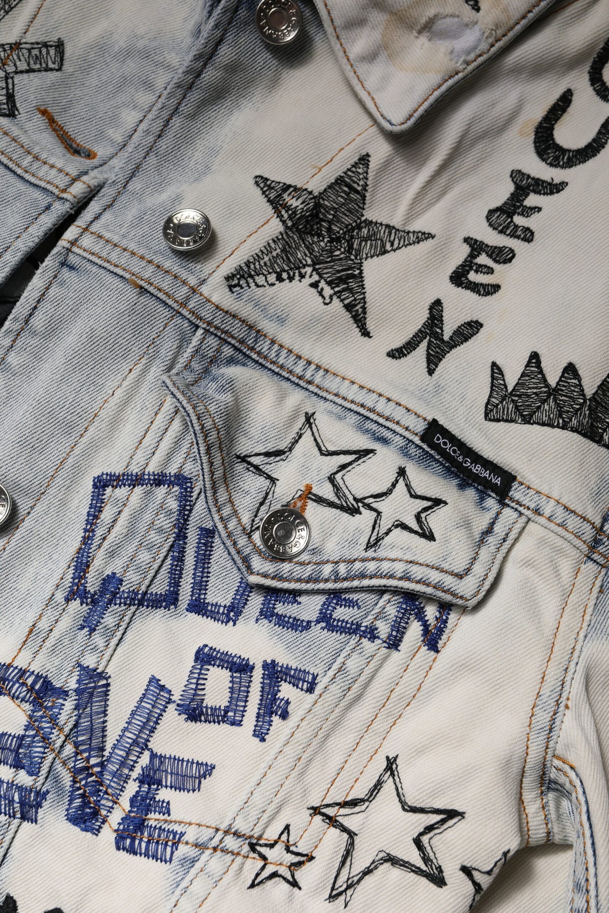 Elevate your style with the Dolce & Gabbana Light Blue Graffiti Button Down Denim Jacket, a luxurious blend of cotton and elastane, embodying artistry and sophistication for the discerning individual.
