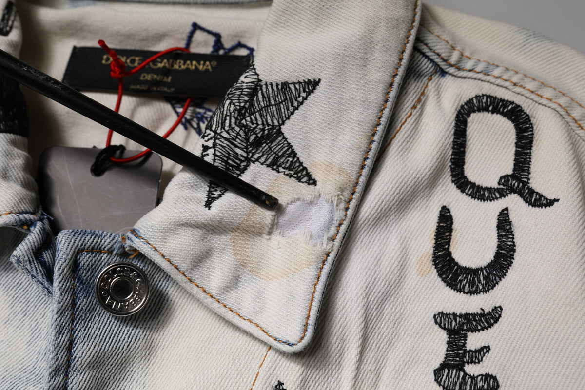 Elevate your style with the Dolce & Gabbana Light Blue Graffiti Button Down Denim Jacket, a luxurious blend of cotton and elastane that embodies exquisite craftsmanship and modern artistry.