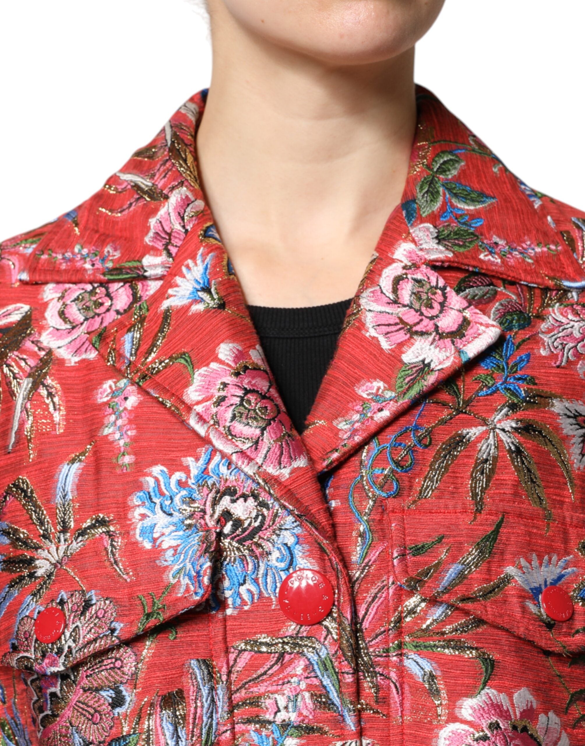 Experience the opulent allure of the Dolce & Gabbana Red Floral Jacquard Coat Jacket, where exquisite Italian craftsmanship meets luxurious materials for timeless elegance.