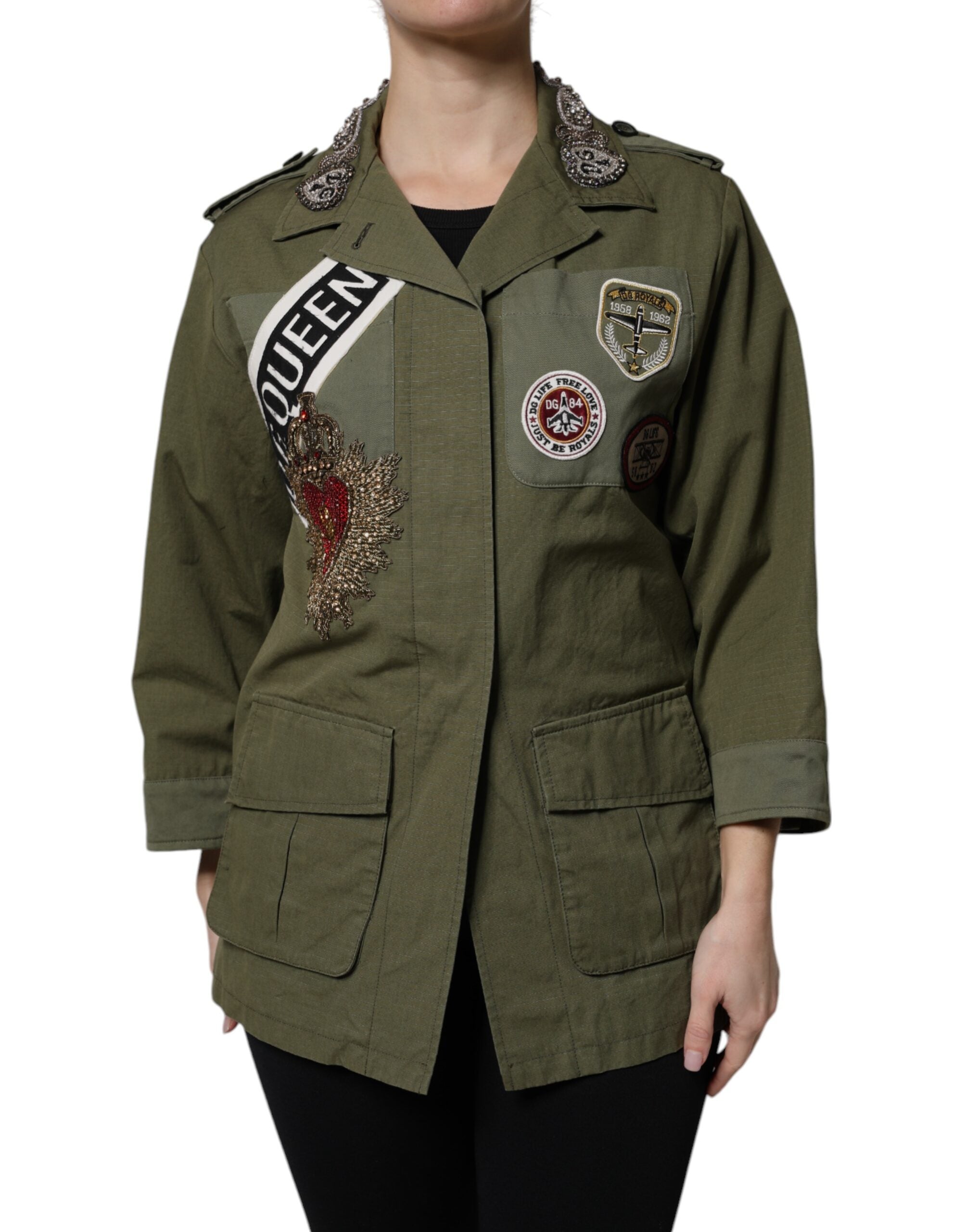 Elevate your wardrobe with the Dolce & Gabbana Military Green Queen Embellished Coat Jacket, a masterpiece of Italian craftsmanship and timeless elegance, perfect for any occasion.