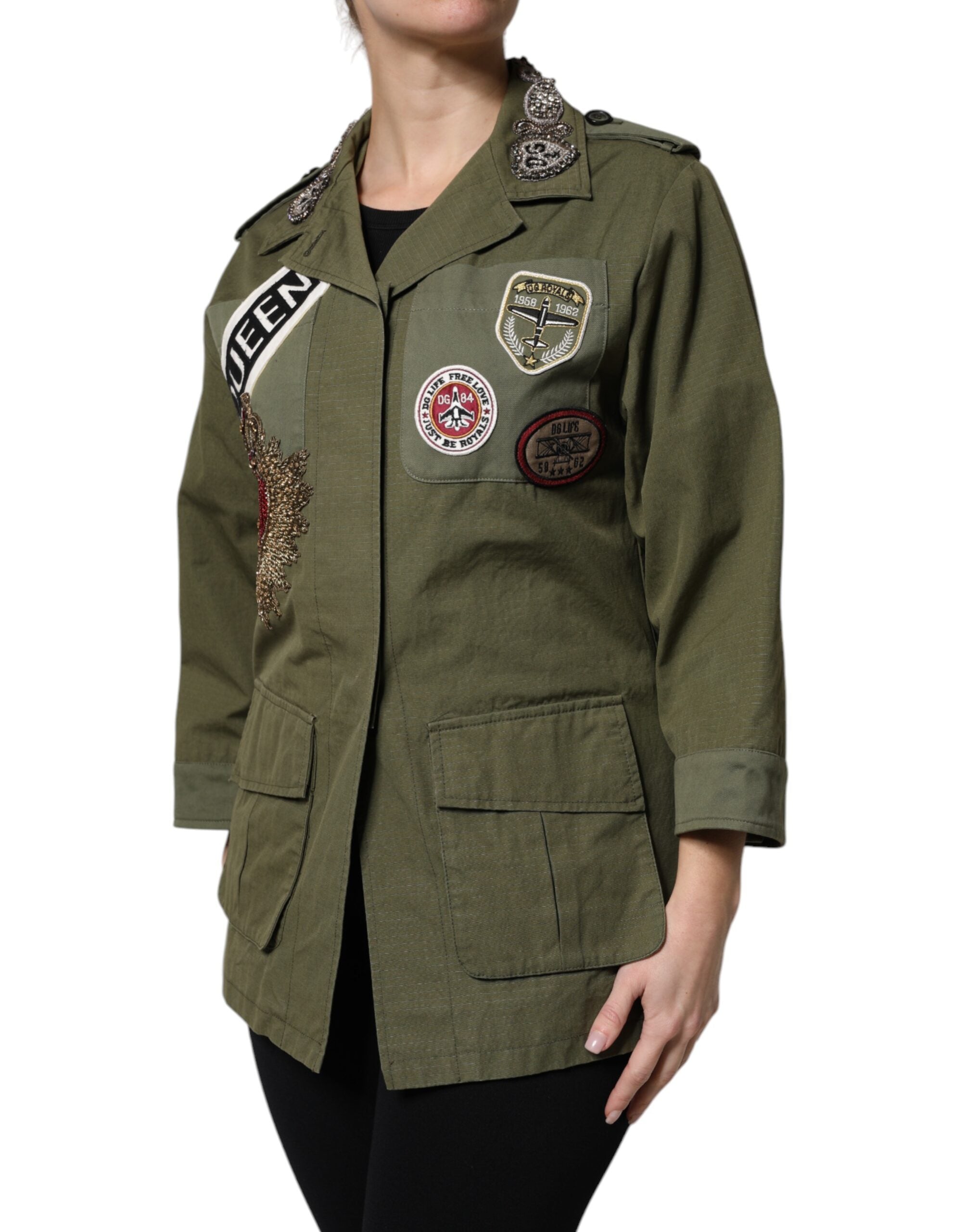 Elevate your wardrobe with the Dolce & Gabbana Military Green Queen Embellished Coat Jacket, a masterpiece of Italian craftsmanship that embodies timeless luxury and refined femininity.