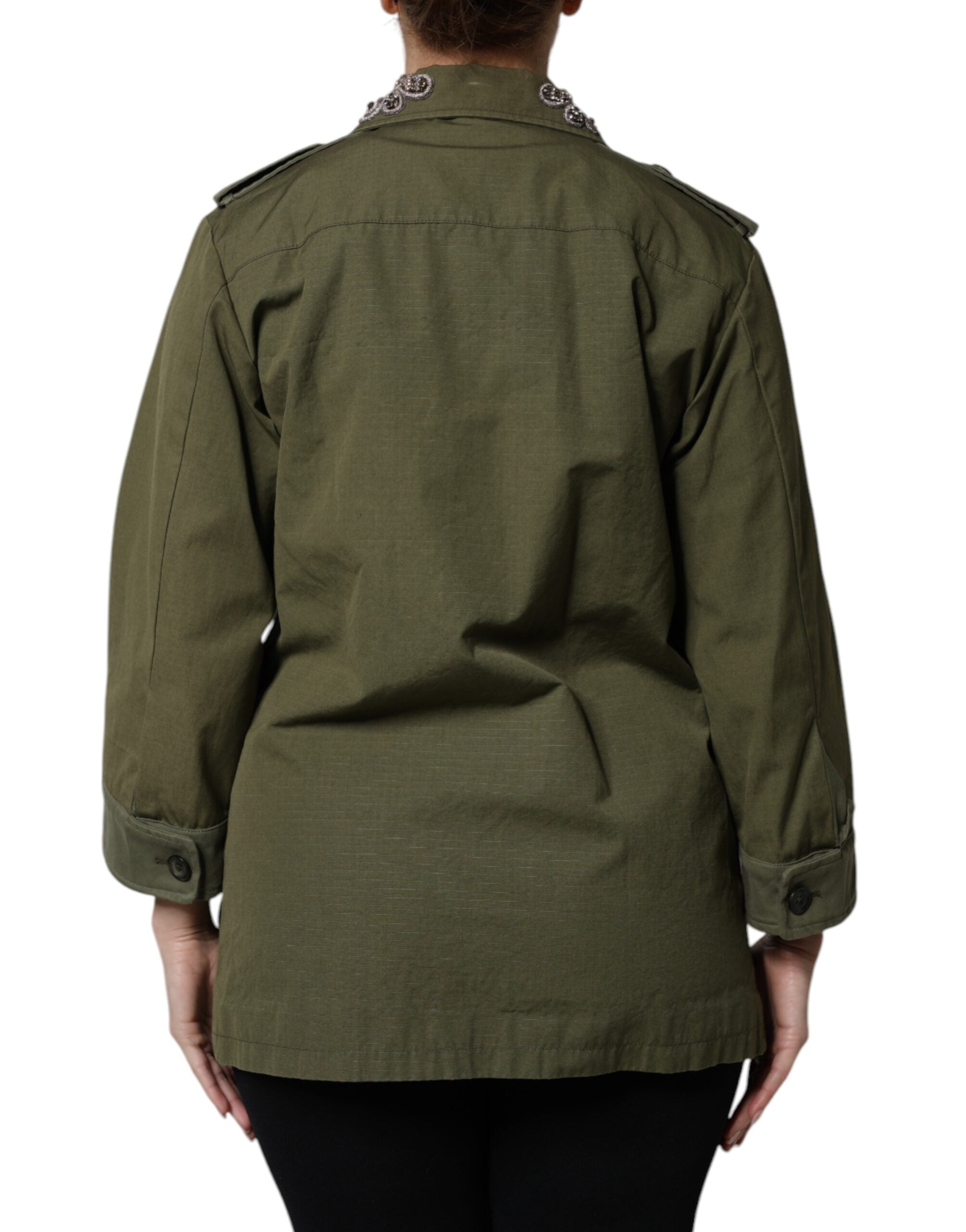 Elevate your wardrobe with the Dolce & Gabbana Military Green Queen Embellished Coat Jacket, a masterpiece of Italian craftsmanship in luxurious cotton, perfect for the discerning individual.