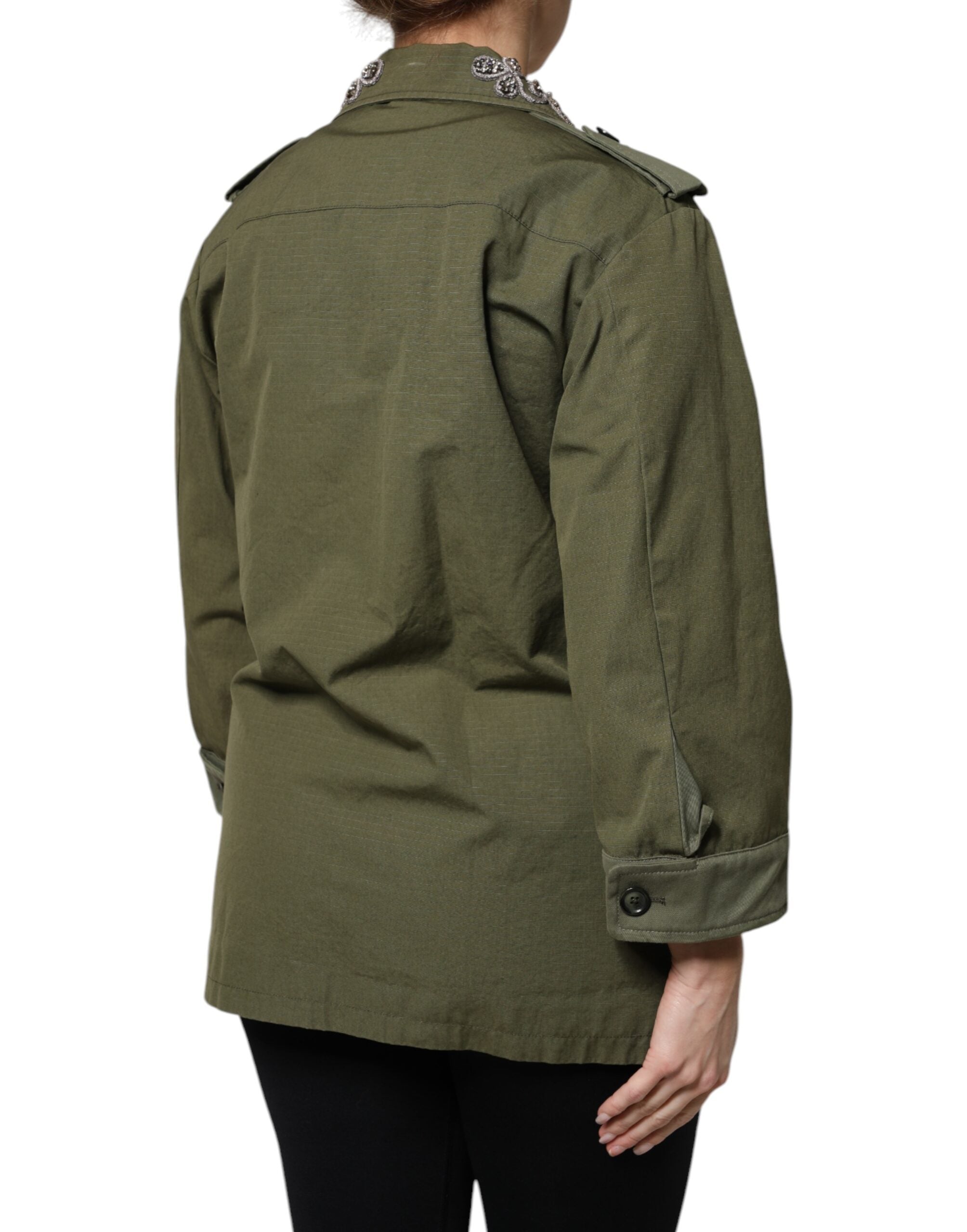 Elevate your wardrobe with the Dolce & Gabbana Military Green Queen Embellished Coat Jacket, a masterpiece of Italian craftsmanship that embodies luxurious sophistication and timeless elegance.