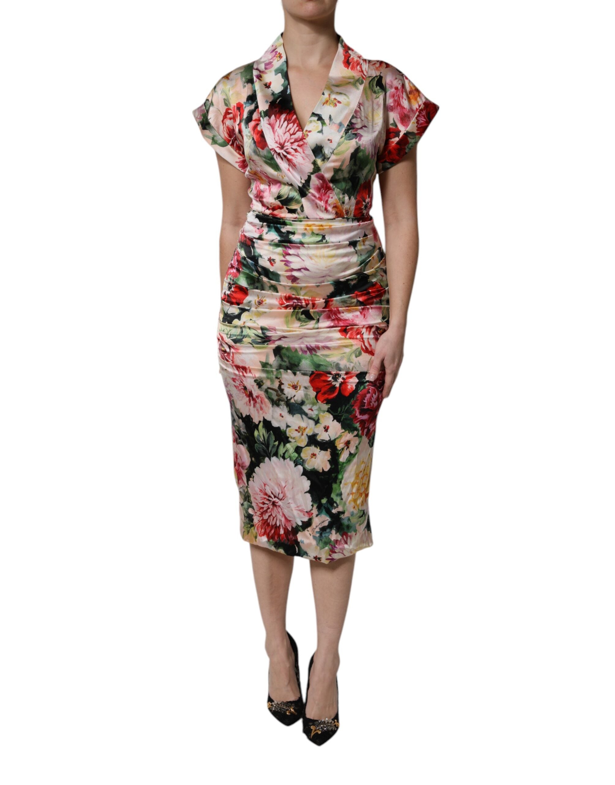 Discover the Dolce & Gabbana Multicolor Floral Short Sleeves Sheath Midi Dress, a masterpiece of Italian couture, crafted from luxurious silk for timeless elegance and allure.