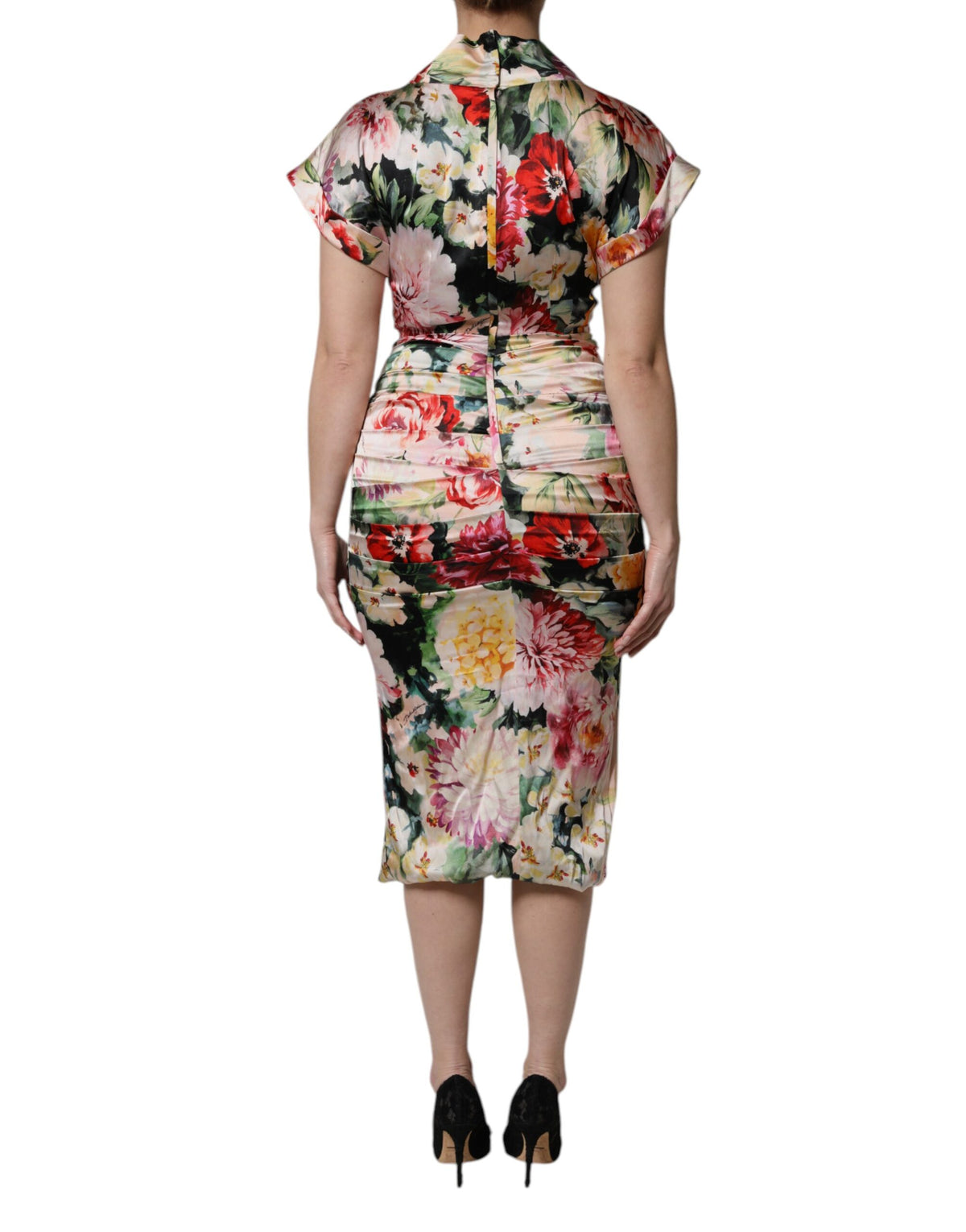 Discover the Dolce & Gabbana Multicolor Floral Short Sleeves Sheath Midi Dress, a masterpiece of Italian couture, crafted from luxurious silk for timeless elegance.