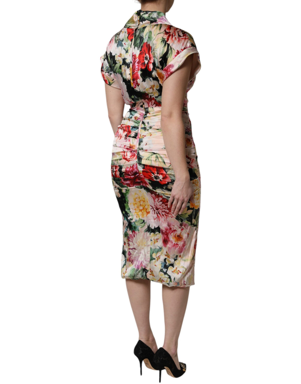 Indulge in the exquisite Dolce & Gabbana Multicolor Floral Short Sleeves Sheath Midi Dress, where luxurious silk meets timeless elegance, perfect for any sophisticated occasion.