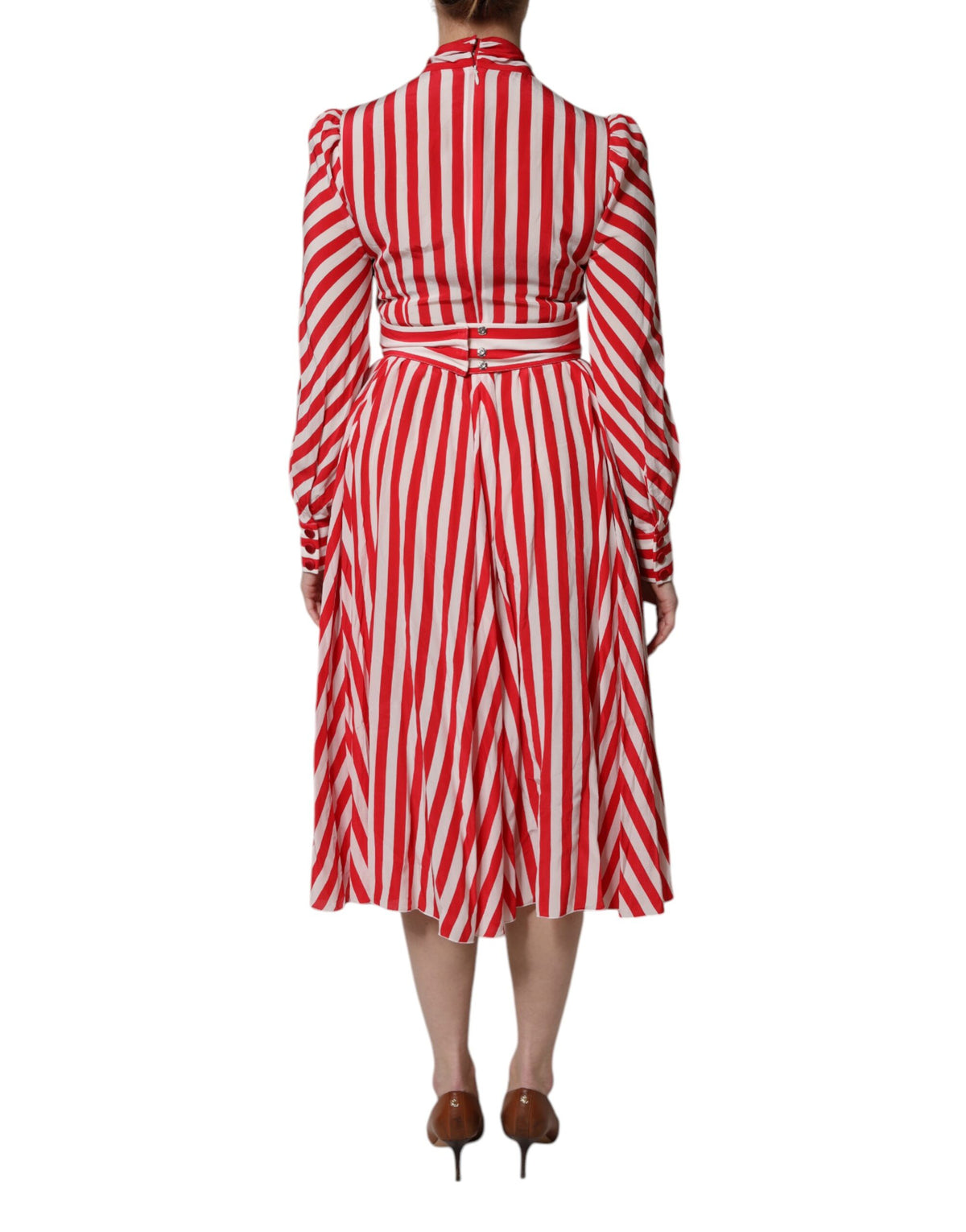 Elevate your elegance with the Dolce & Gabbana White Red Stripes Long Sleeves Midi Dress, a 100% silk masterpiece that embodies luxury and sophistication for every occasion.