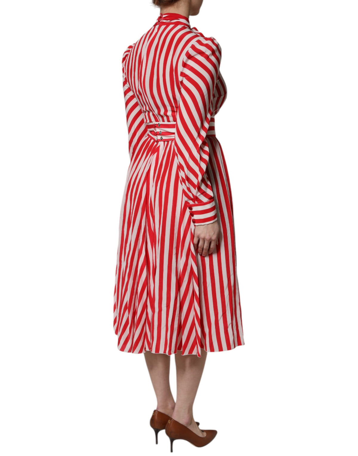 Indulge in the exquisite elegance of the Dolce & Gabbana White Red Stripes Long Sleeves Midi Dress, a luxurious silk creation that embodies sophistication and timeless allure.
