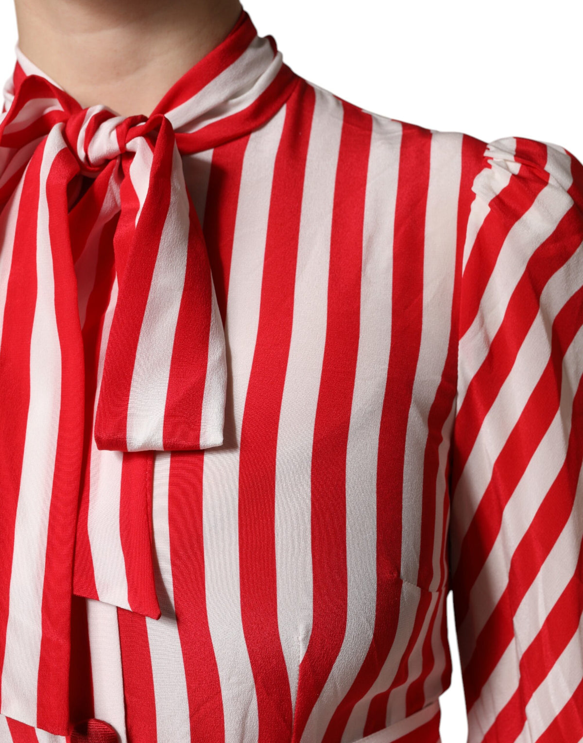 Indulge in the exquisite allure of the Dolce & Gabbana White Red Stripes Long Sleeves Midi Dress, a 100% silk masterpiece that embodies elegance and sophistication for any occasion.