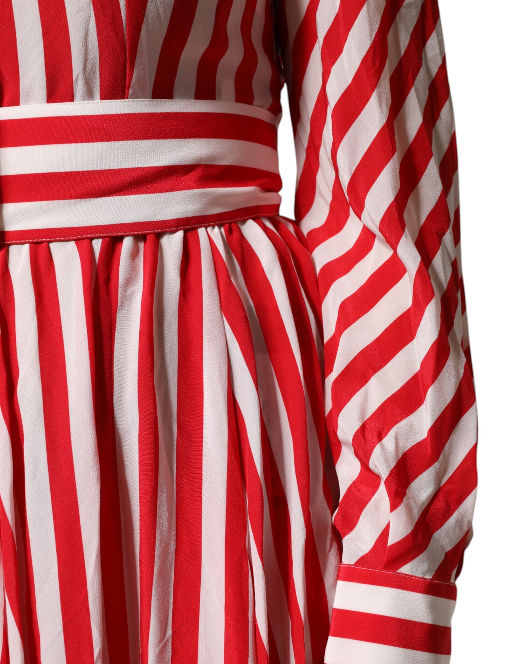 Indulge in the exquisite allure of the Dolce & Gabbana White Red Stripes Long Sleeves Midi Dress, a silk masterpiece that embodies elegance and sophistication for any occasion.