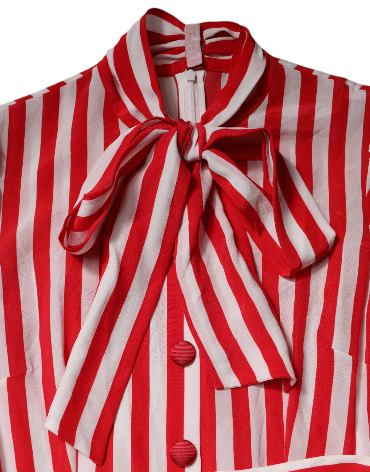 Indulge in the exquisite elegance of the Dolce & Gabbana White Red Stripes Long Sleeves Midi Dress, a luxurious silk masterpiece that embodies sophistication and allure.