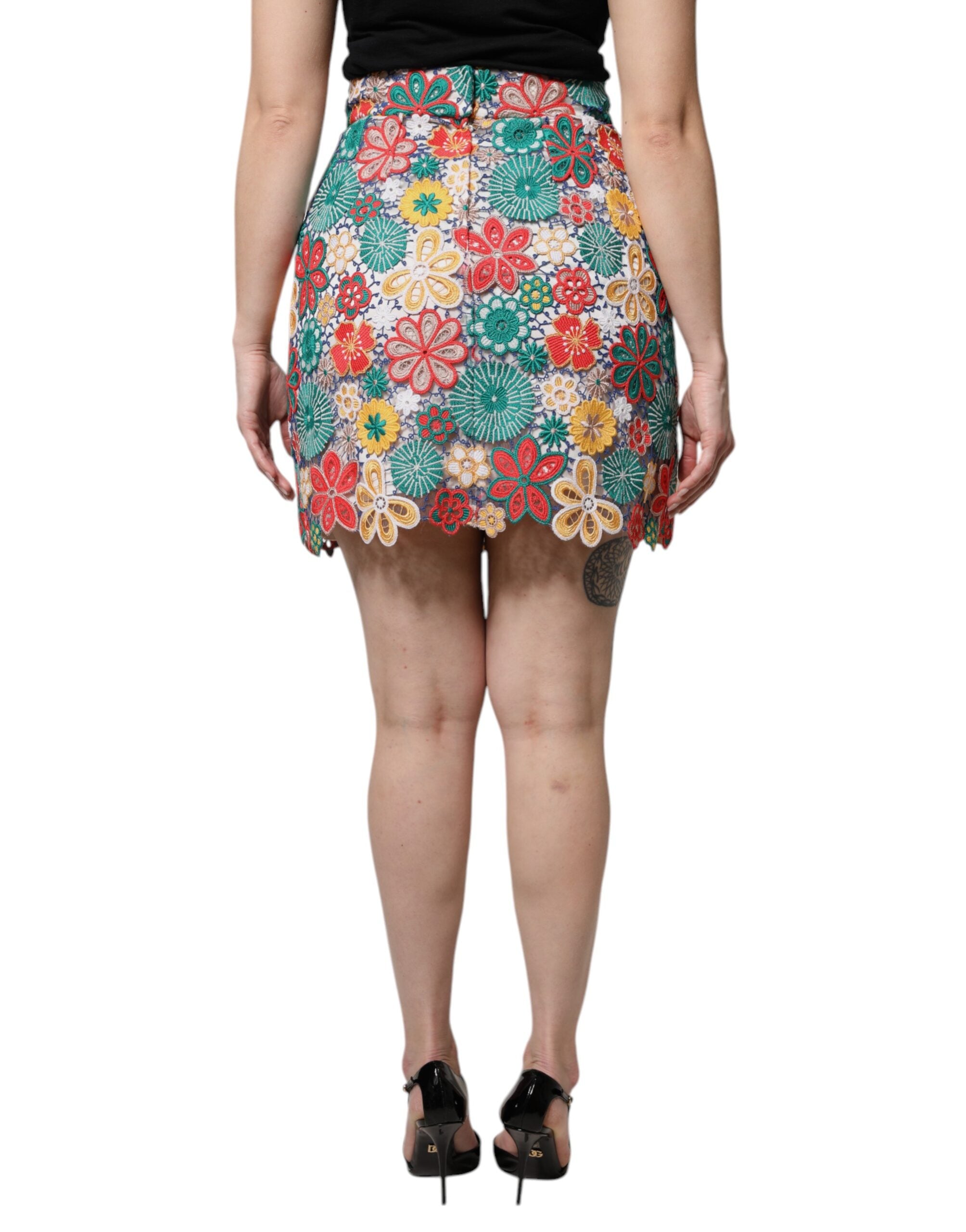 Dolce & Gabbana Multicolor Floral Lace High Waist Mini Skirt