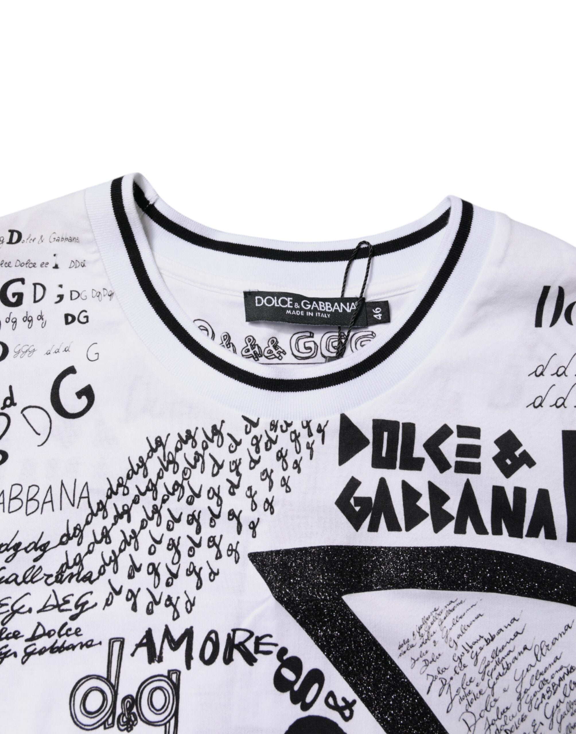 Dolce & Gabbana White Graffiti Print Cotton Crew Neck T-shirt