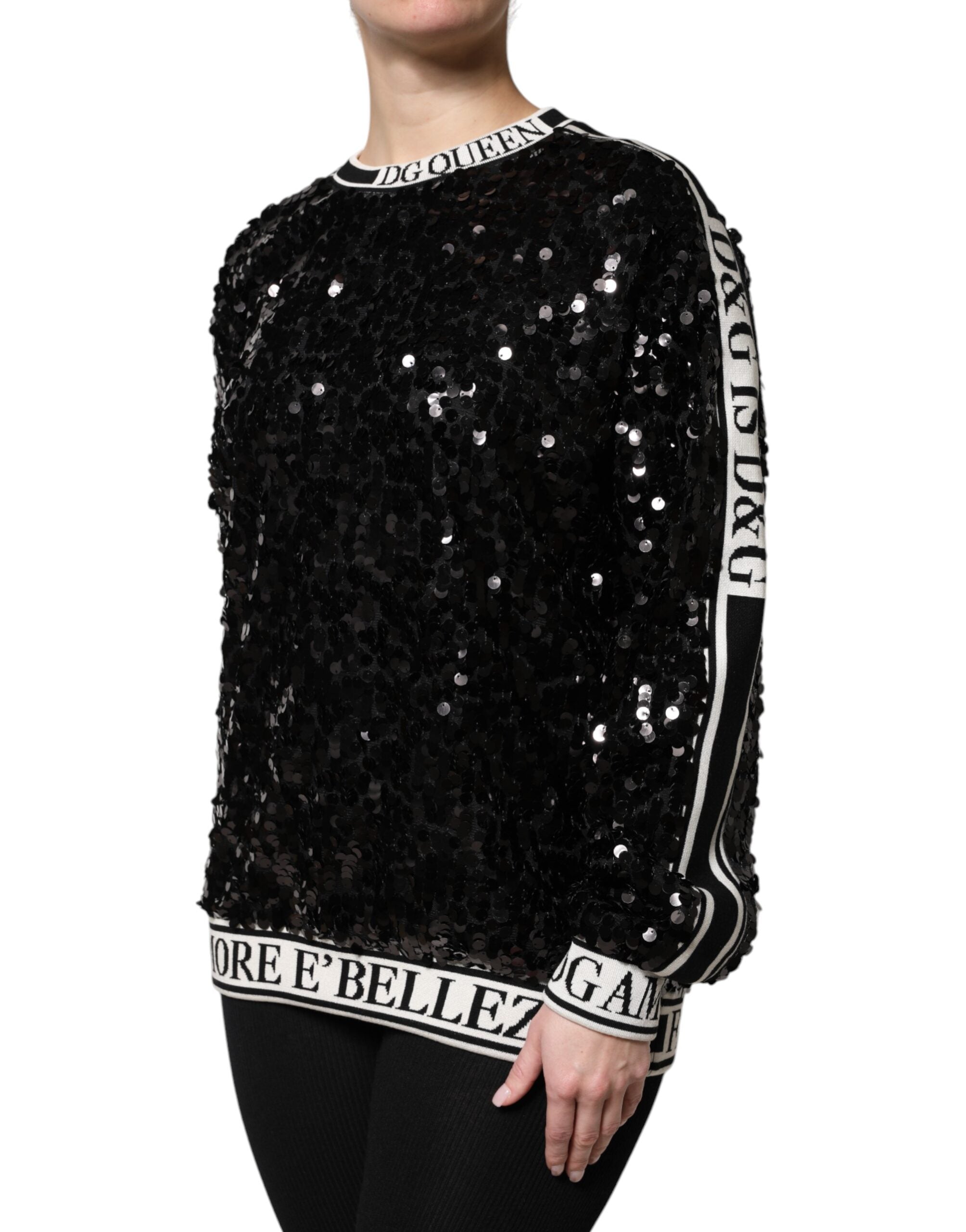 Experience the allure of the Dolce & Gabbana Black DG Queen Sequin Pullover Sweater, where exquisite craftsmanship meets luxurious silk and polyester, elevating your style to new heights.