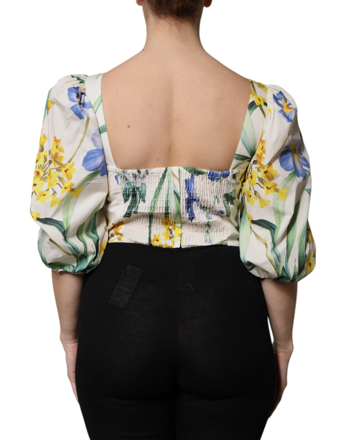 Indulge in the exquisite Dolce & Gabbana White Floral Puff Sleeves Crop Blouse Top, a luxurious blend of 100% cotton and sophisticated design, perfect for elevating your haute couture collection.