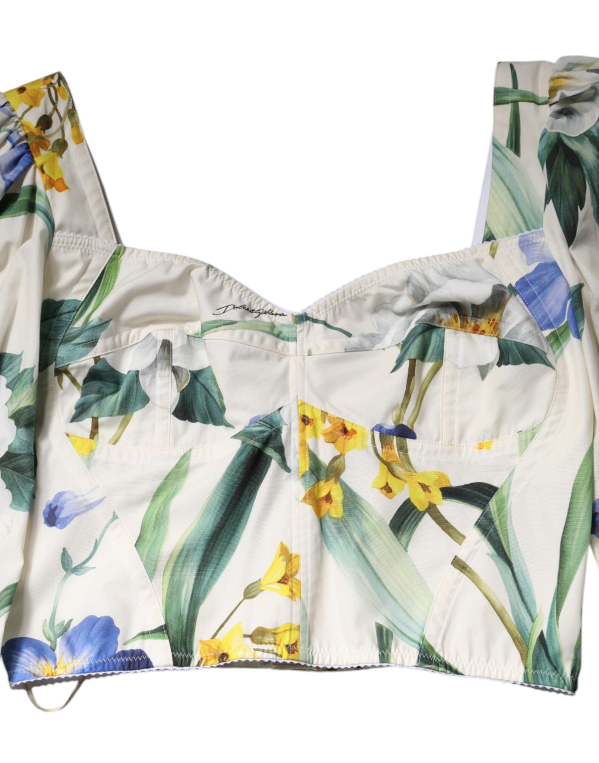 Indulge in the Dolce & Gabbana White Floral Puff Sleeves Crop Blouse Top, a masterpiece of 100% cotton that embodies luxury and sophistication for every elegant occasion.