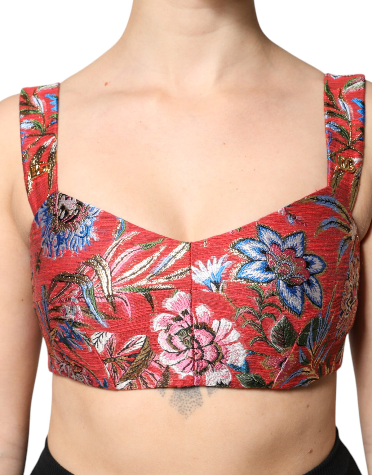 Indulge in the exquisite Dolce & Gabbana Red Floral Brocade Cropped Bustier Corset Top, a timeless piece of luxurious craftsmanship that elevates your elegance for any occasion.