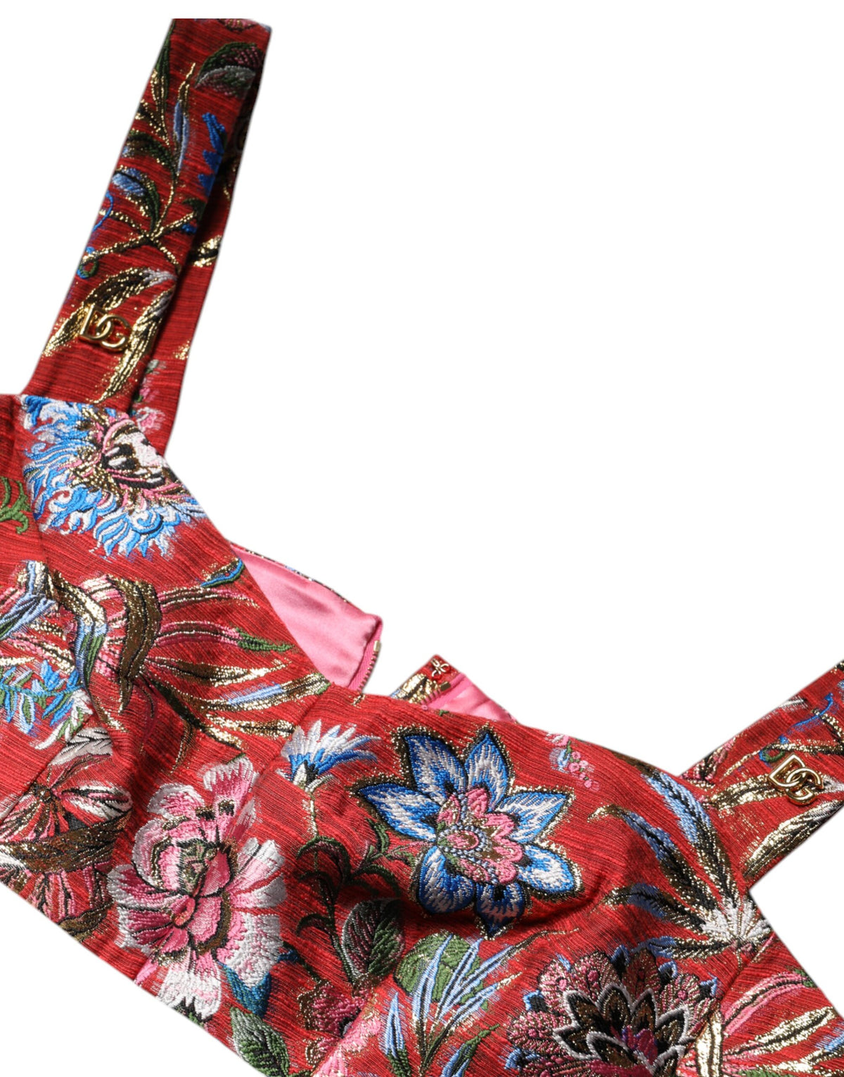 Indulge in the exquisite Dolce & Gabbana Red Floral Brocade Cropped Bustier Corset Top, a timeless piece of luxury crafted in Italy, perfect for elevating any occasion.