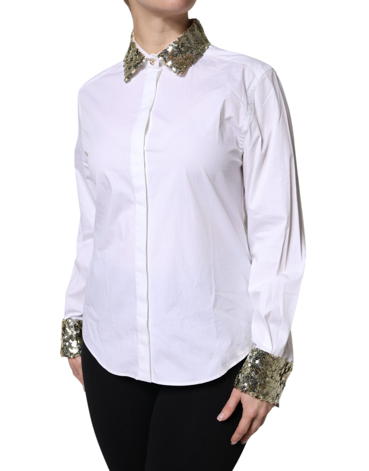 Elevate your wardrobe with the Dolce & Gabbana White Cotton Long Sleeves Sequin Shirt, a luxurious blend of Italian craftsmanship and timeless elegance, perfect for any occasion.
