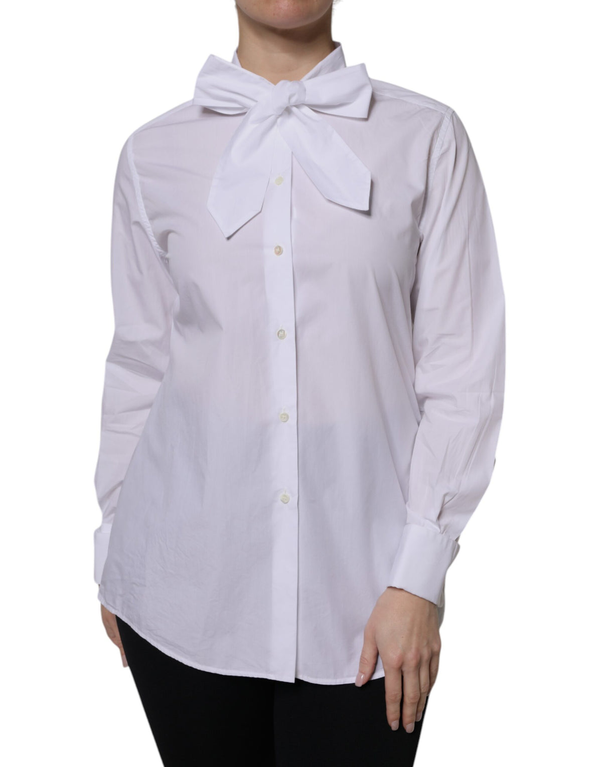 Experience the exquisite Dolce & Gabbana White Ascot Collar Long Sleeve Blouse, crafted from luxurious cotton, embodying timeless elegance for the discerning individual.