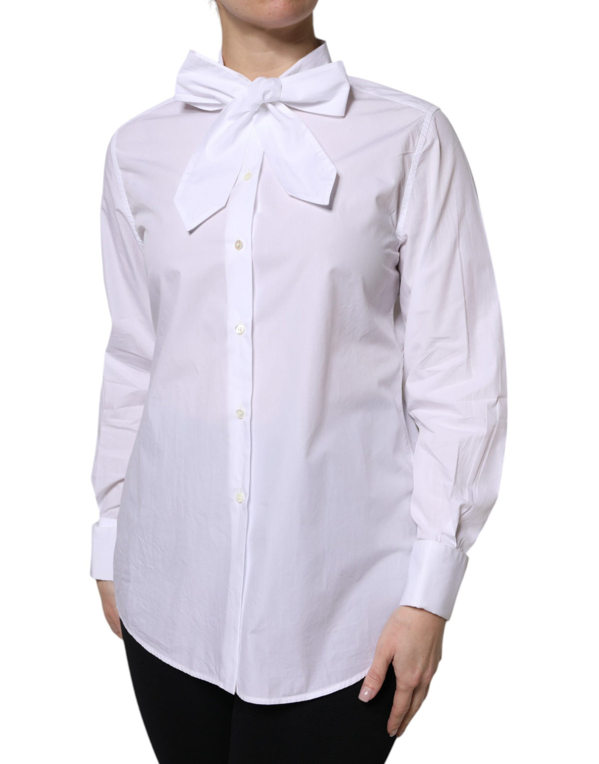 Elevate your wardrobe with the Dolce & Gabbana White Ascot Collar Long Sleeve Blouse, a timeless piece crafted from luxurious cotton, embodying elegance and sophistication.