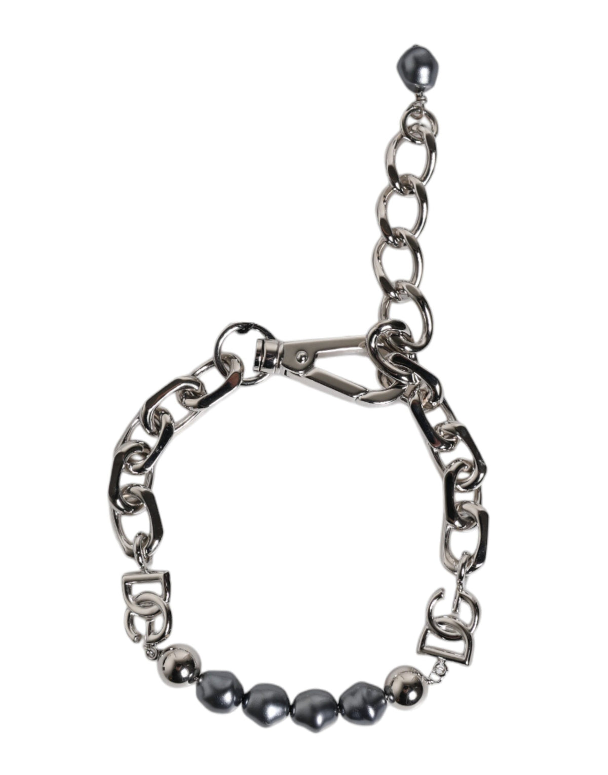 Indulge in the exquisite elegance of the Dolce & Gabbana Silver Tone Chain Lobster Clasp Logo Gray Pearls Bracelet, a luxurious masterpiece that embodies timeless sophistication and Italian craftsmanship.