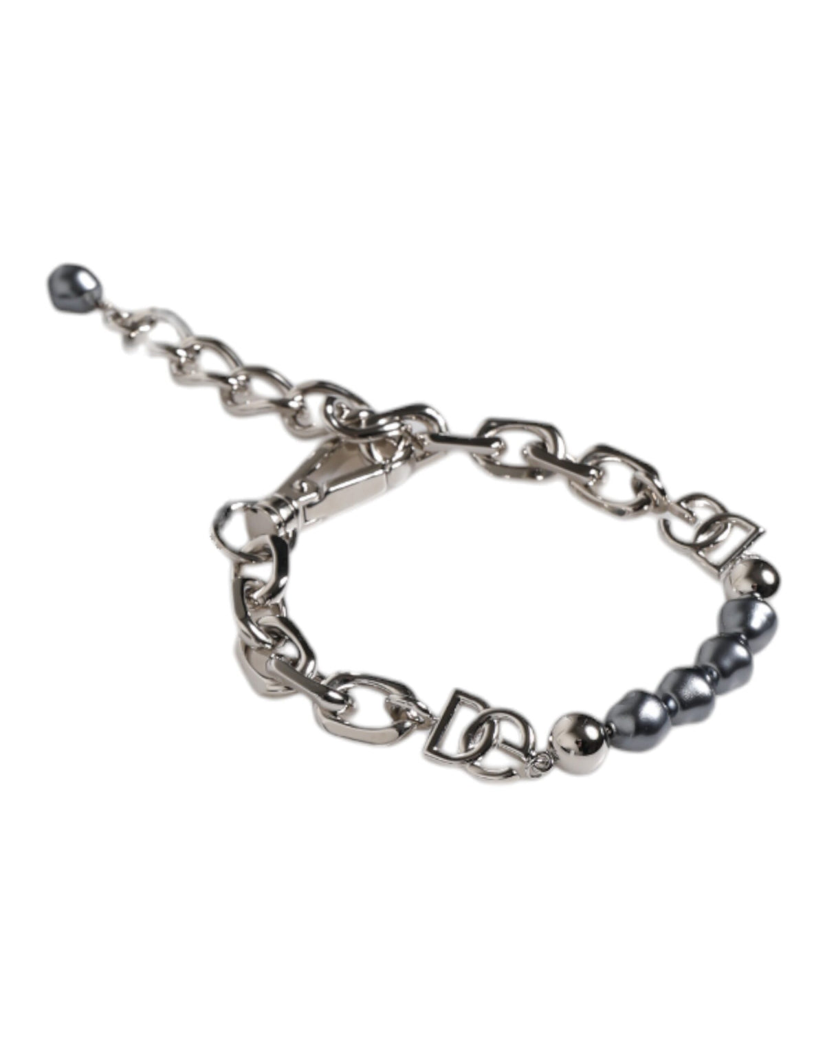 Elevate your style with the Dolce & Gabbana Silver Tone Chain Lobster Clasp Logo Gray Pearls Bracelet, a masterpiece of Italian craftsmanship that embodies timeless elegance and sophistication.