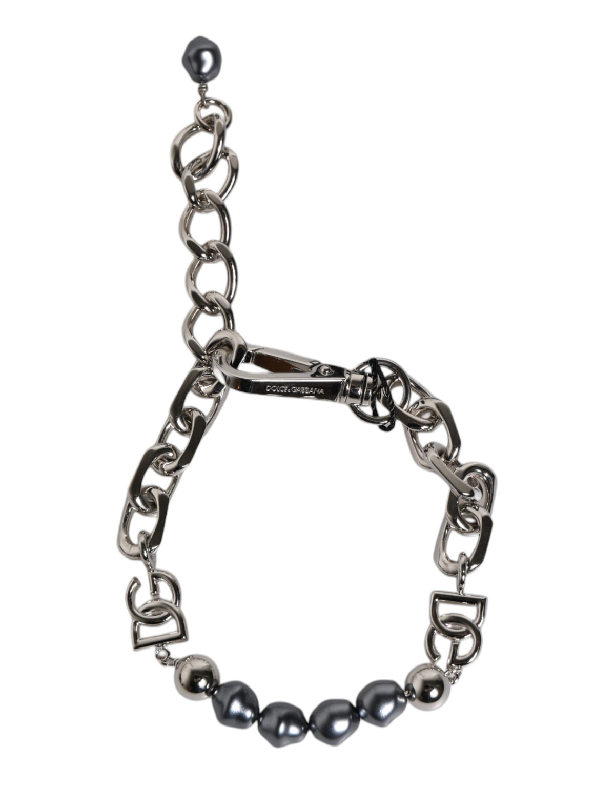 Discover the Dolce & Gabbana Silver Tone Chain Lobster Clasp Logo Gray Pearls Bracelet, a masterpiece of Italian craftsmanship that embodies timeless elegance and sophistication.
