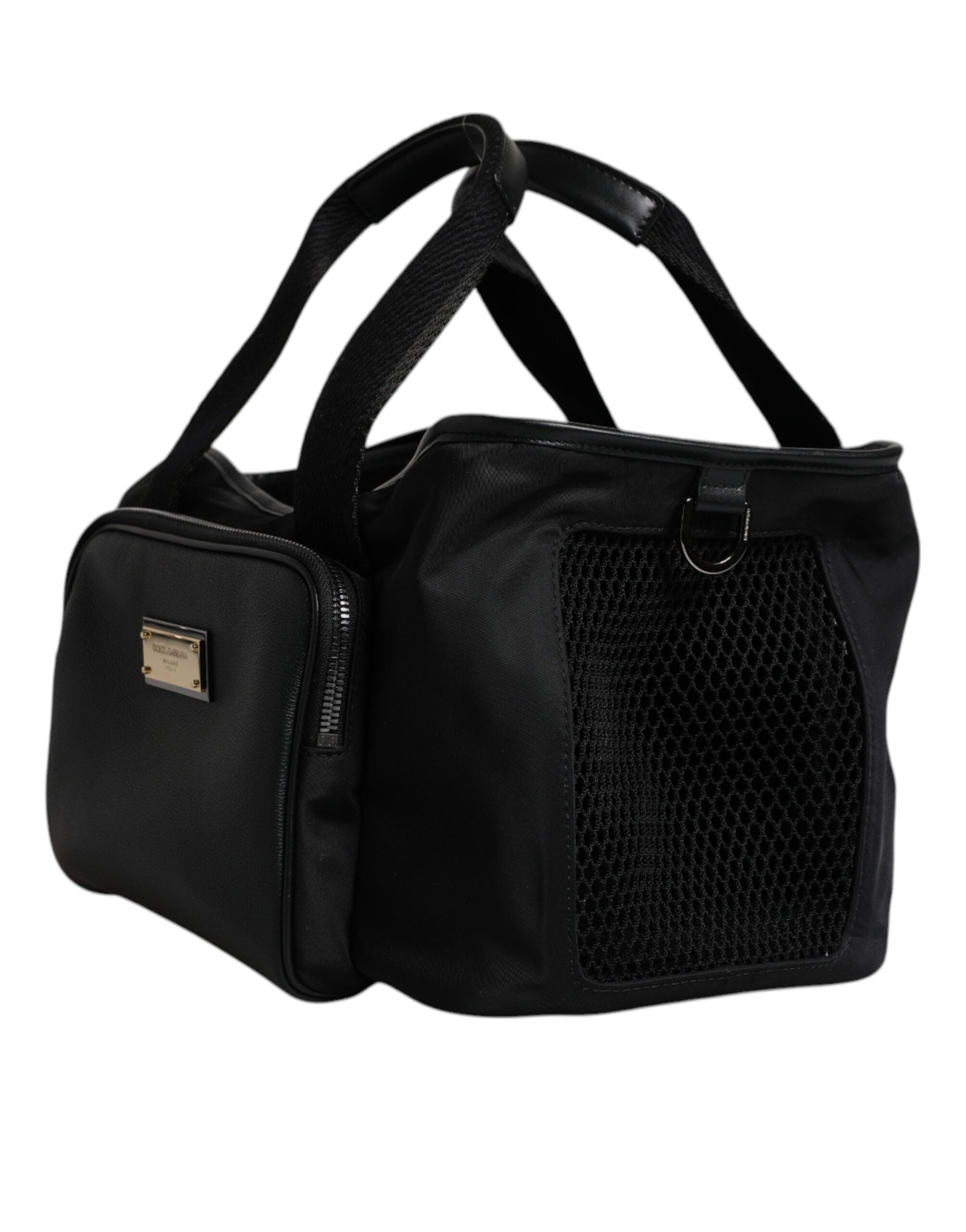 Indulge in the Dolce & Gabbana Black Shoulder Strap Pet Carry Bag, a luxurious blend of nylon, leather, and acrylic, embodying exquisite Italian craftsmanship for the discerning pet owner.