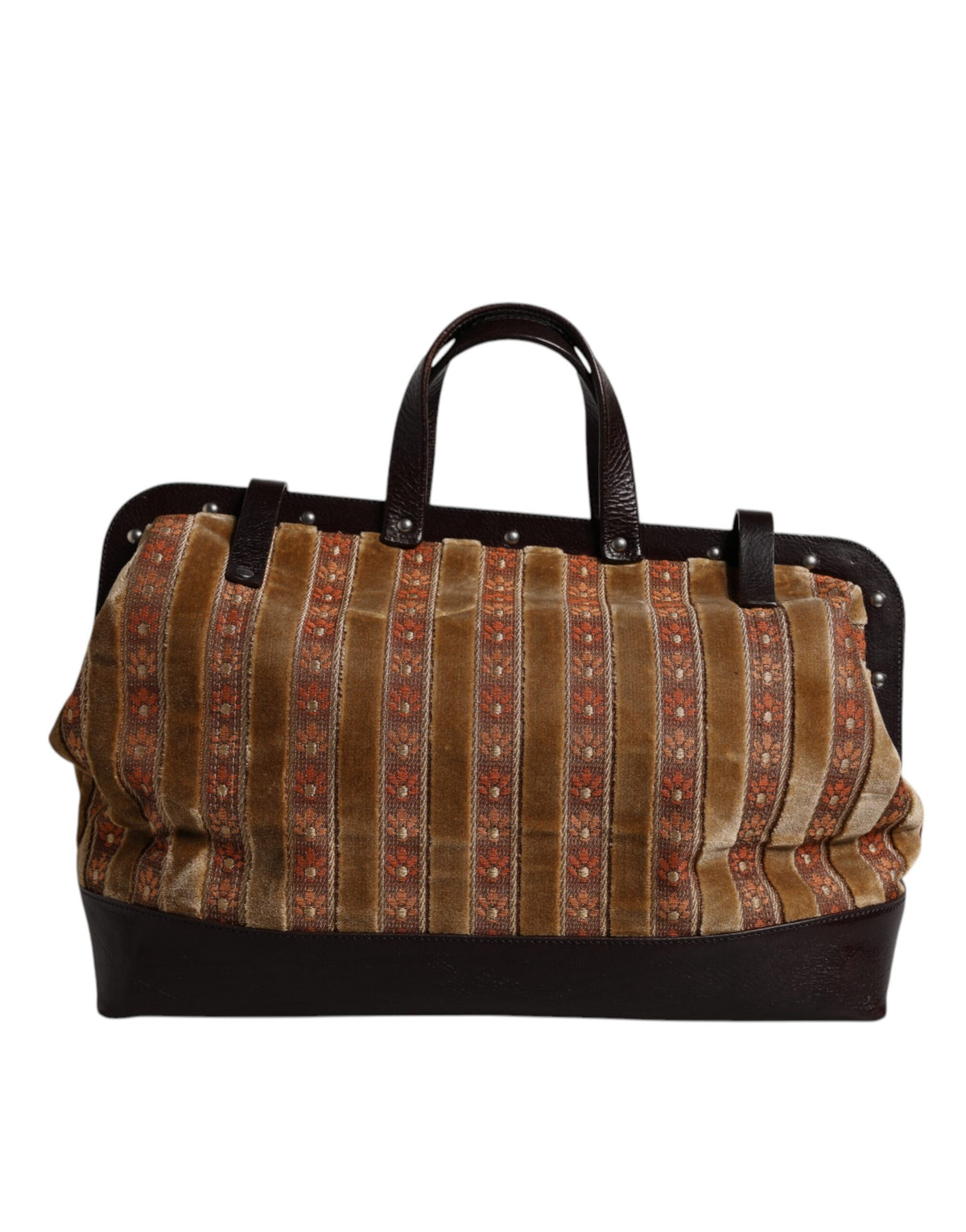 Elevate your style with the Dolce & Gabbana Beige Maroon Velvet Leather Jacquard Travel Handbag, a masterpiece of Italian craftsmanship that embodies timeless luxury and sophistication.