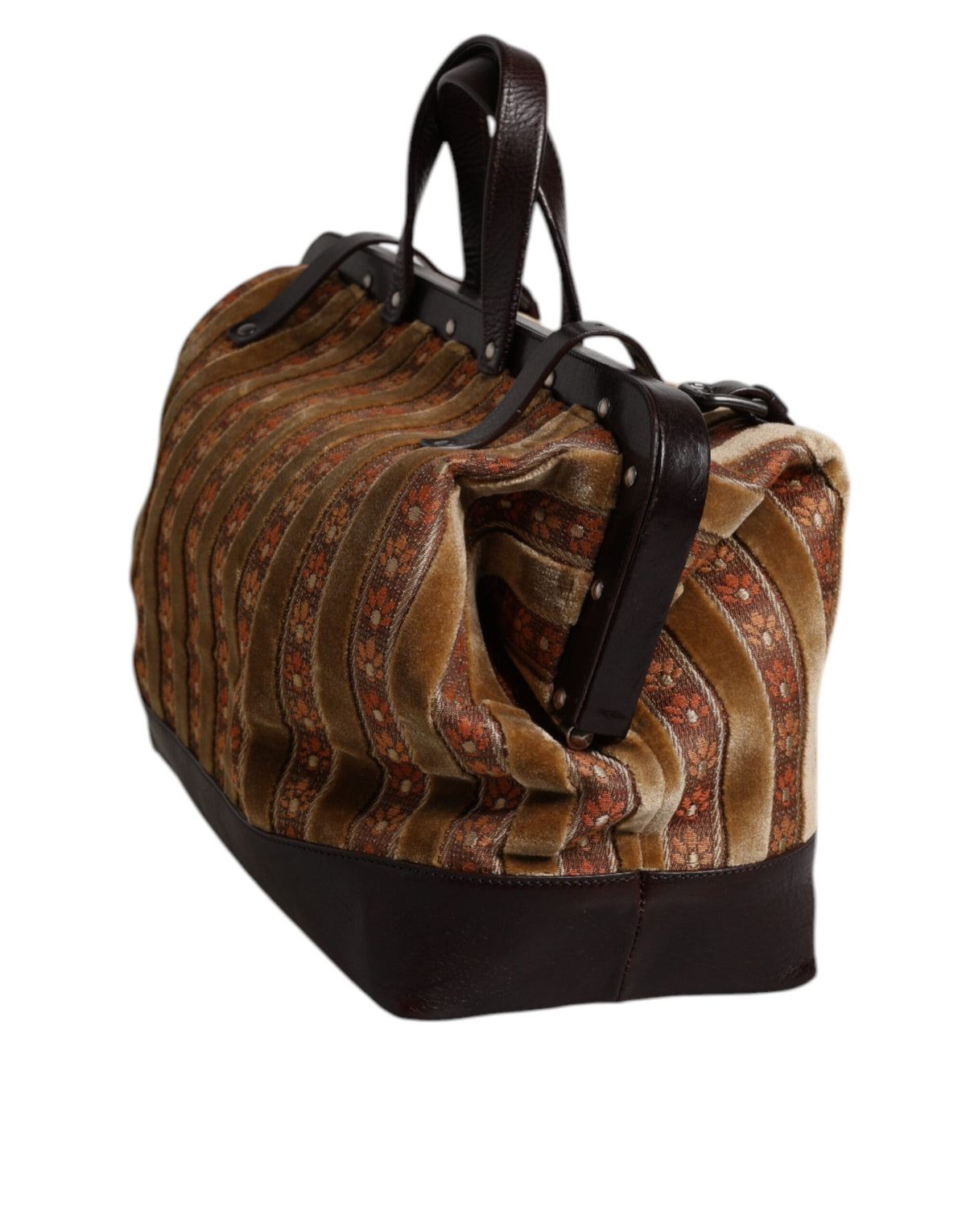 Indulge in the exquisite Dolce & Gabbana Beige Maroon Velvet Leather Jacquard Travel Handbag, a timeless blend of luxury and functionality, crafted for the discerning individual.